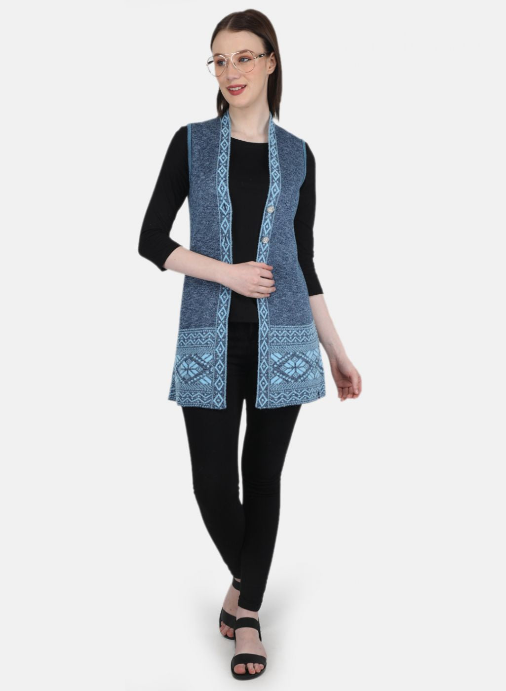 Women Blue Jaquard Cardigan