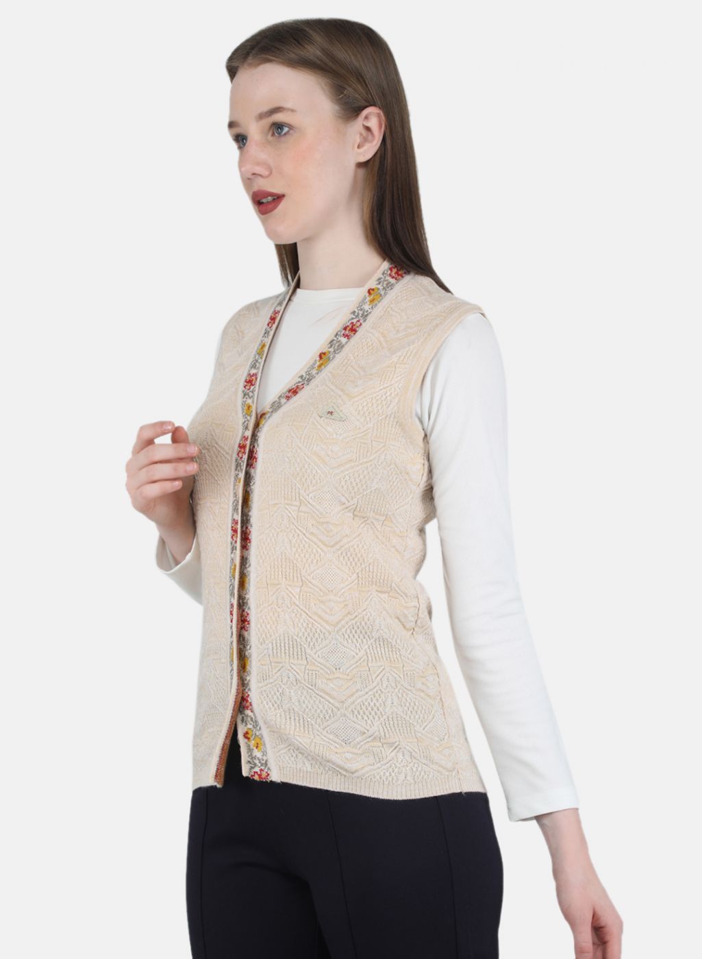 Women Beige Self Design Cardigan