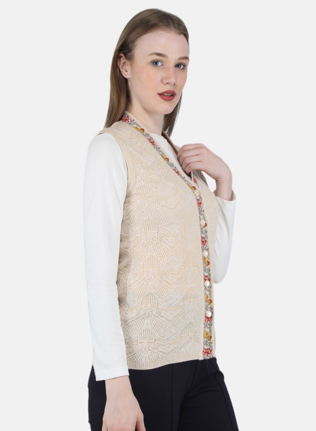 Women Beige Self Design Cardigan