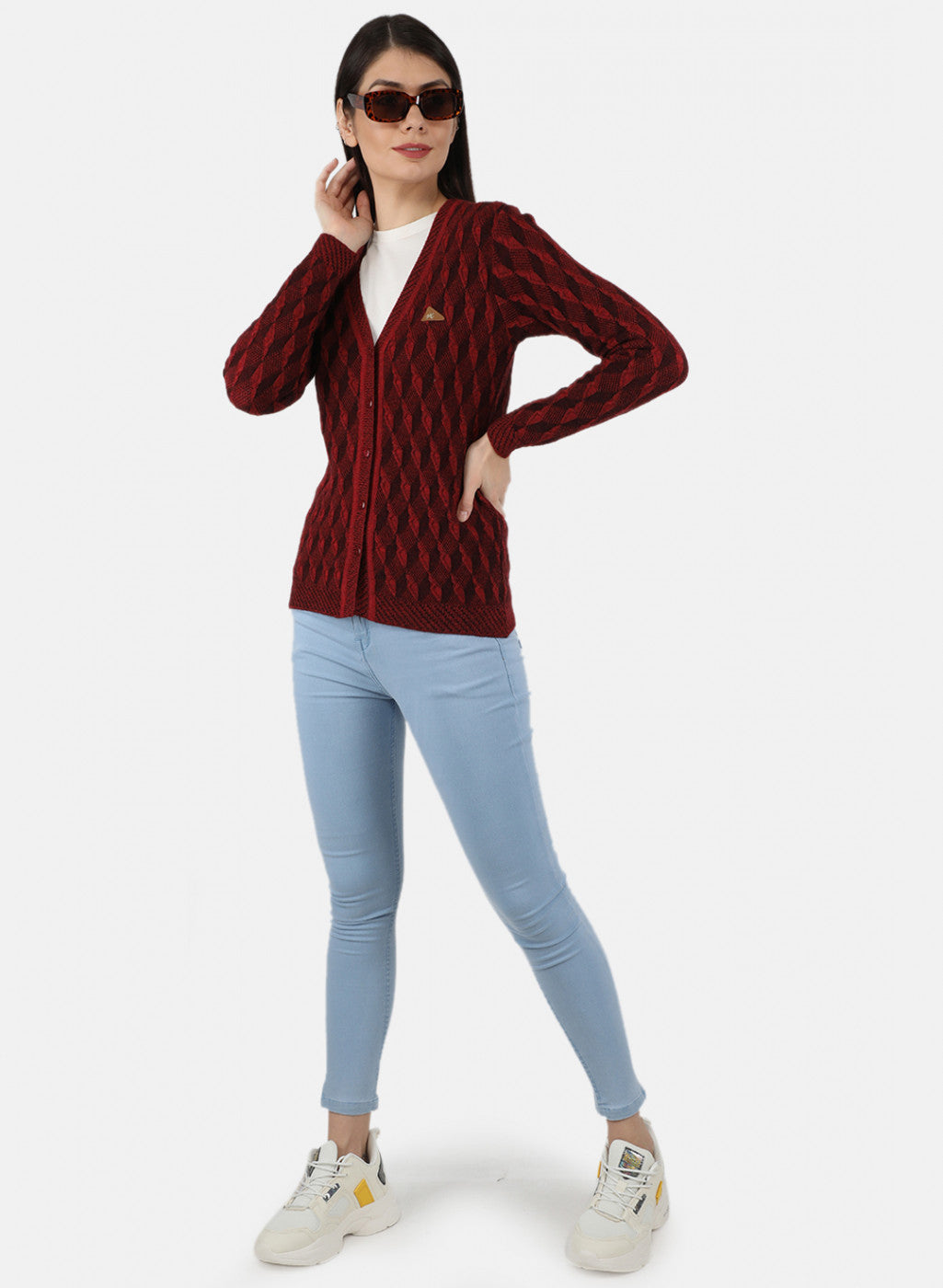 Women Red Self Design Cardigan