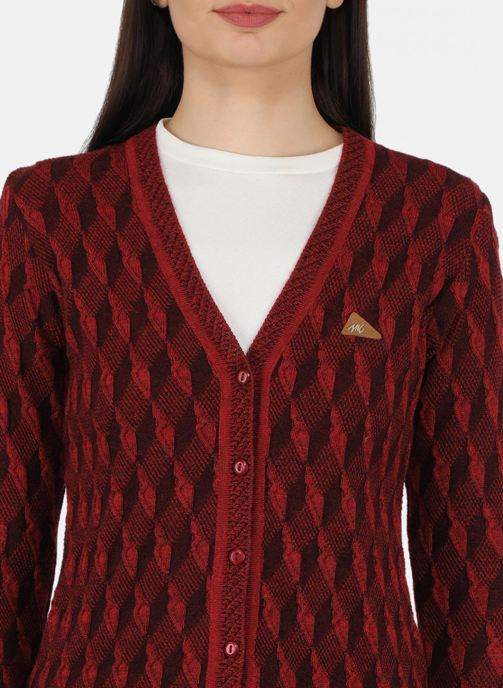 Women Red Self Design Cardigan