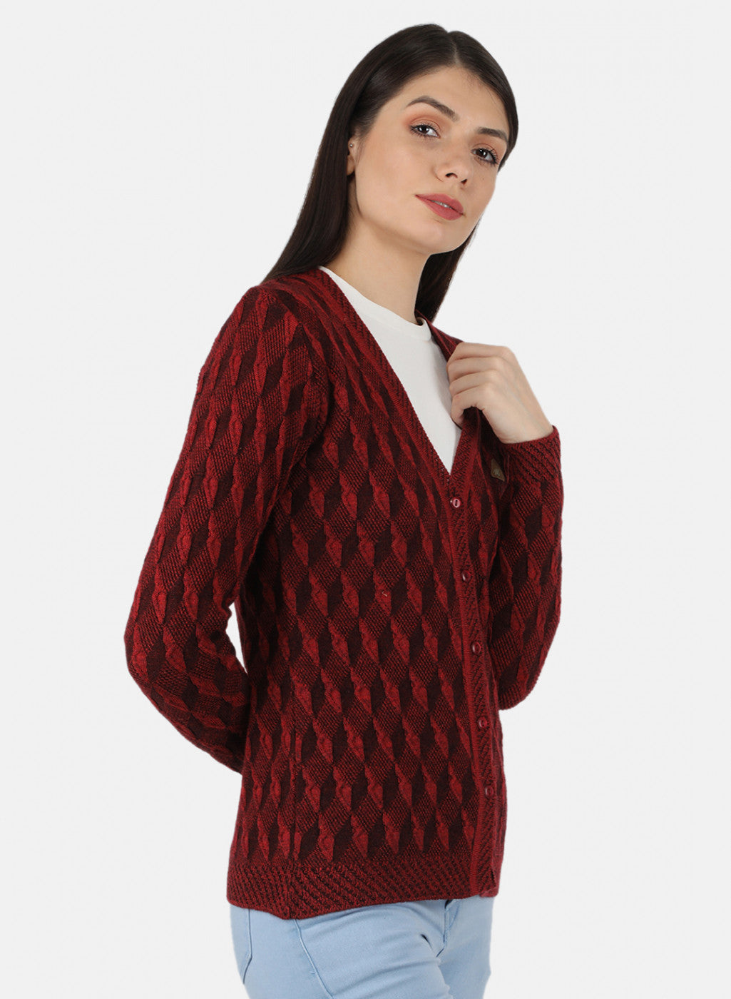 Women Red Self Design Cardigan