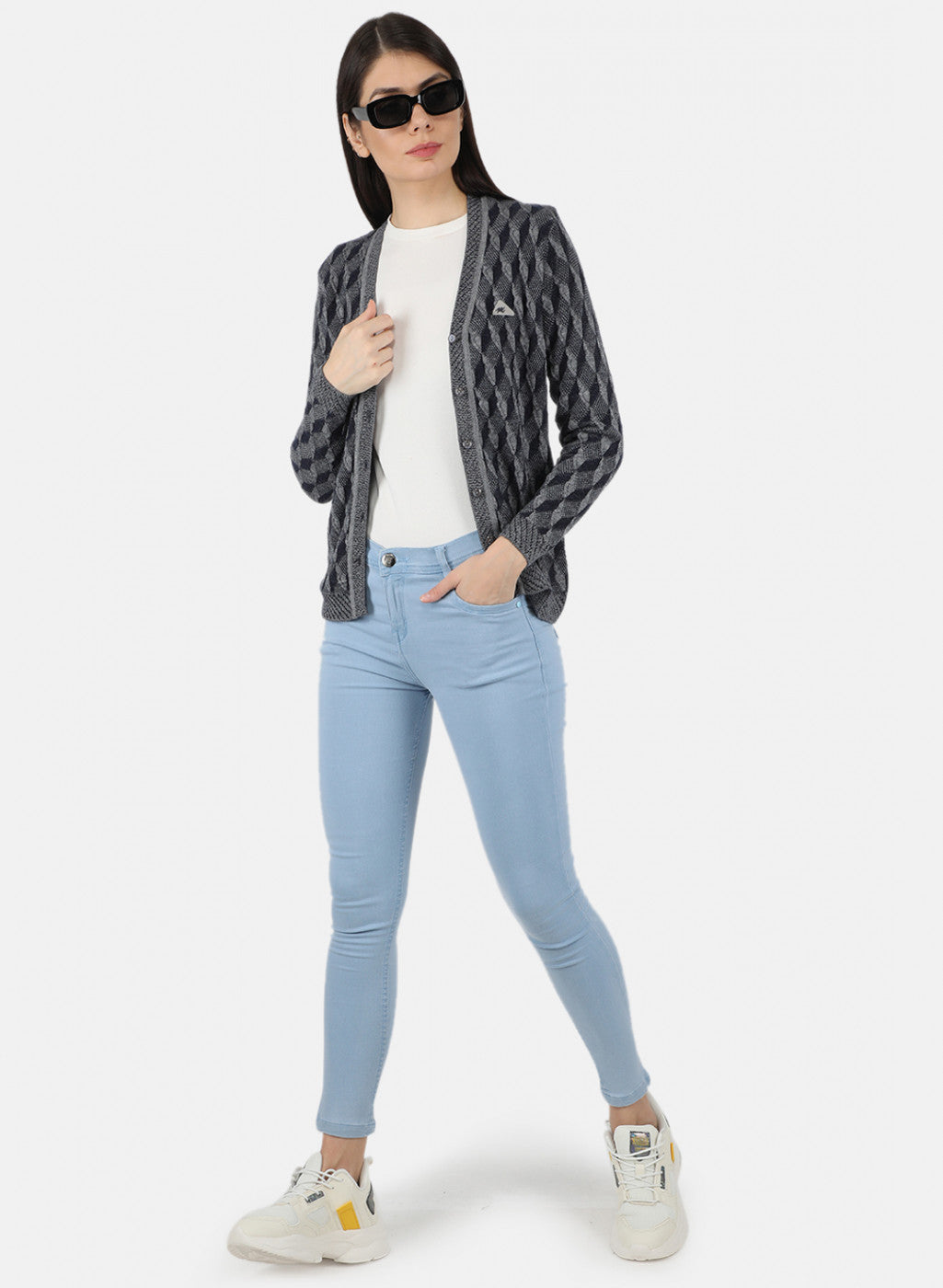 Women Navy Blue Self Design Cardigan