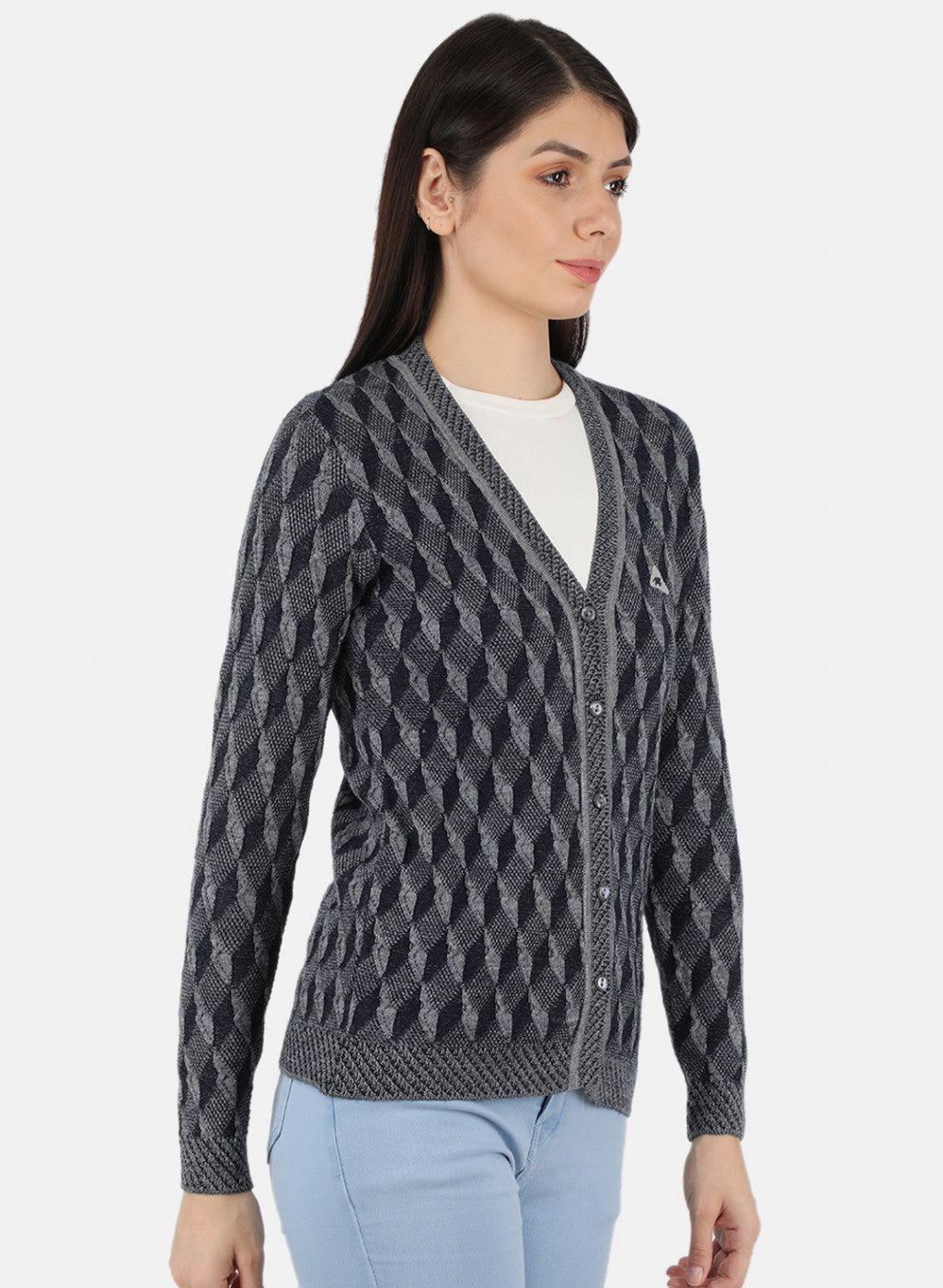 Women Navy Blue Self Design Cardigan