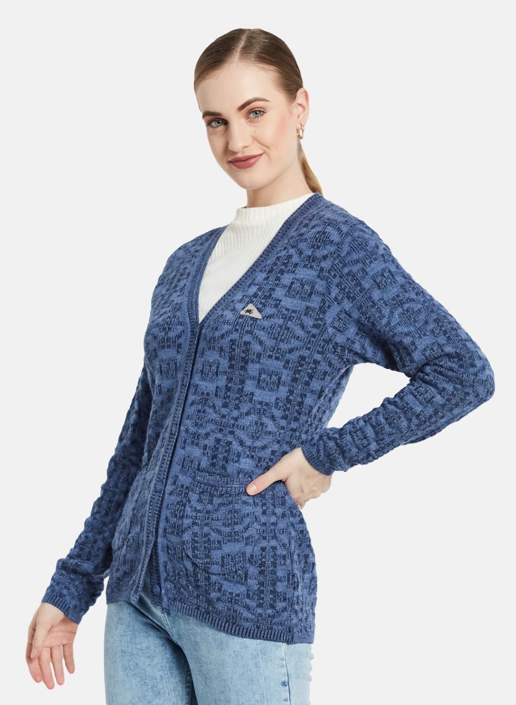 Women Blue Self Design Cardigan