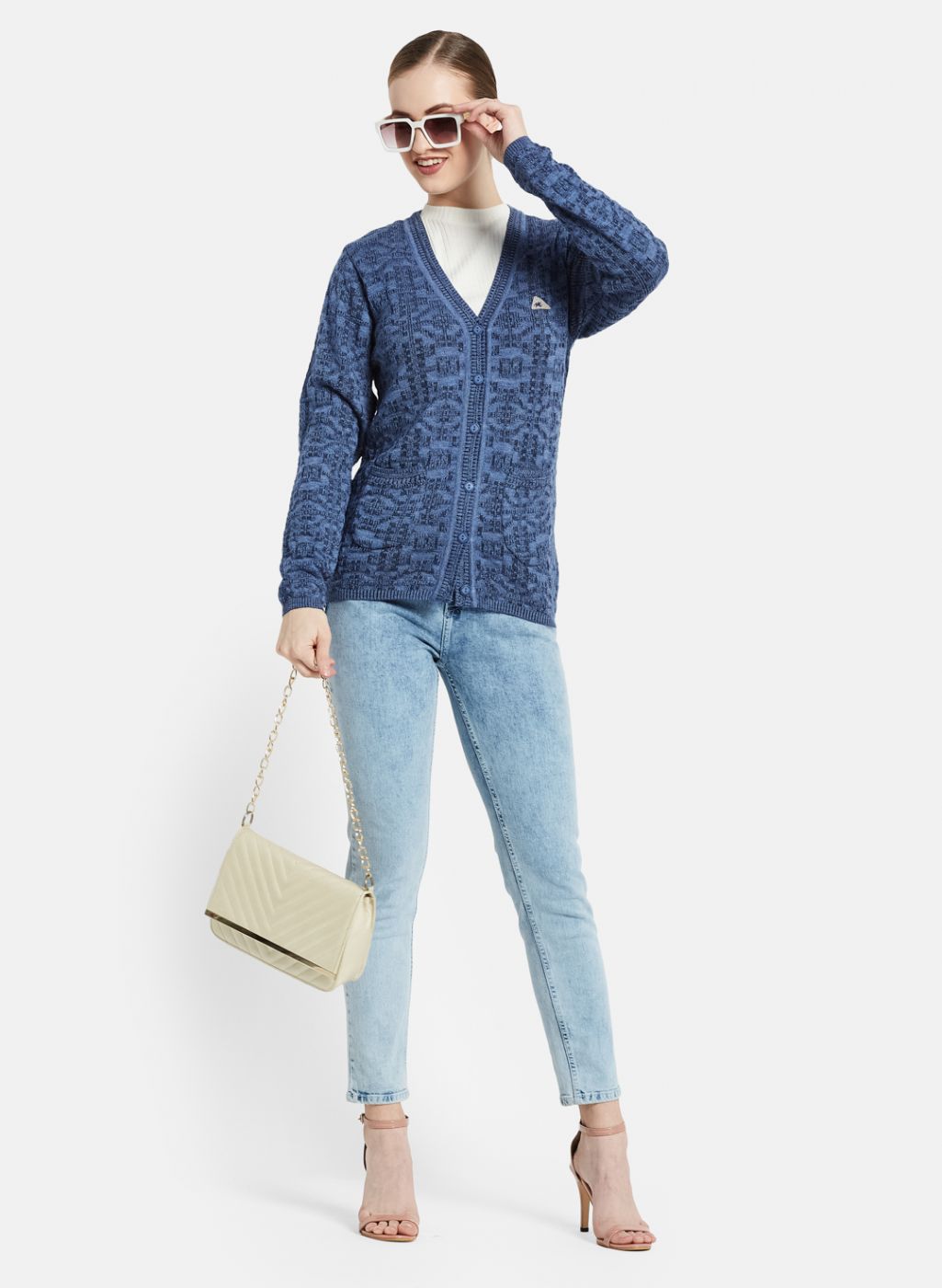 Women Blue Self Design Cardigan