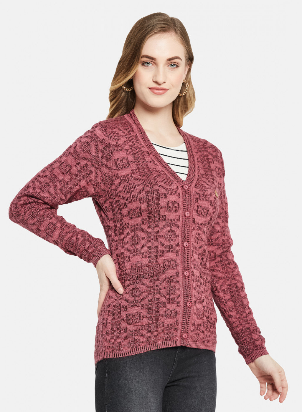 Women Maroon Self Design Cardigan