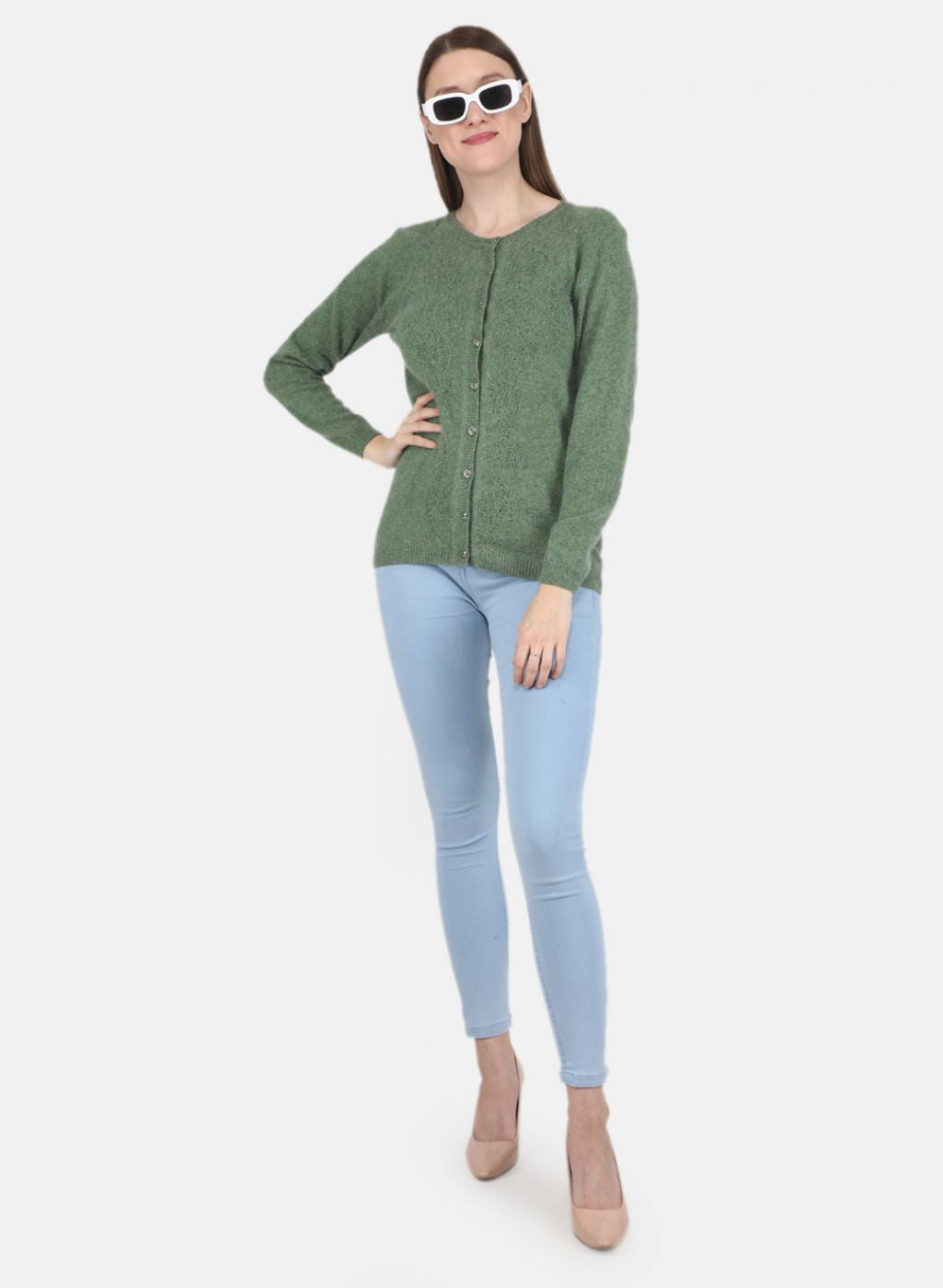 Women Green Self design Cardigan