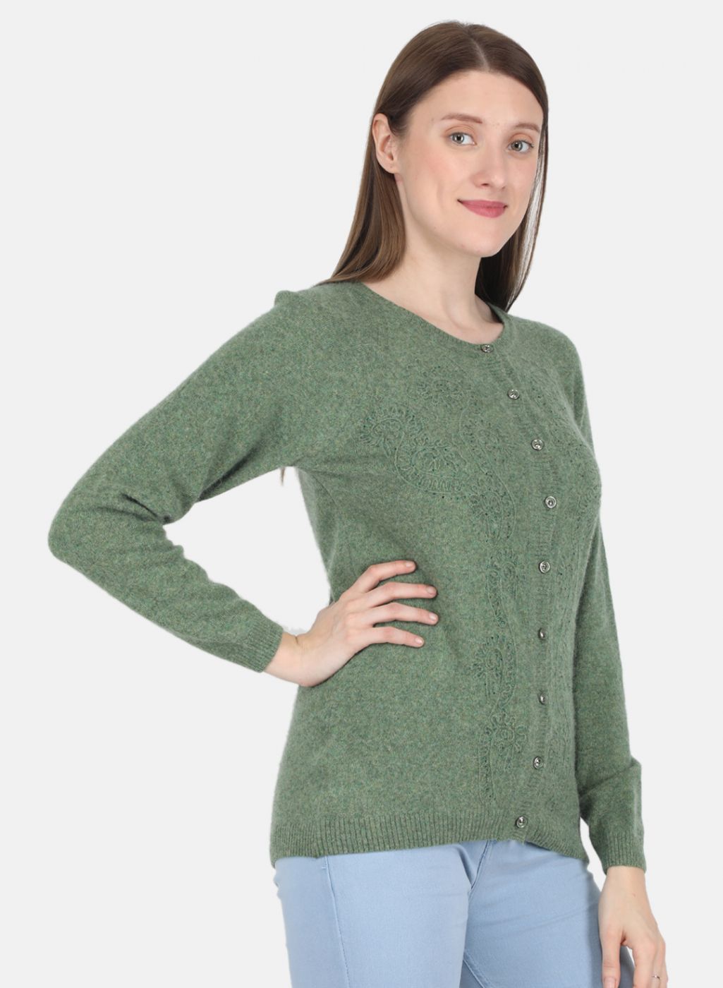 Women Green Self design Cardigan