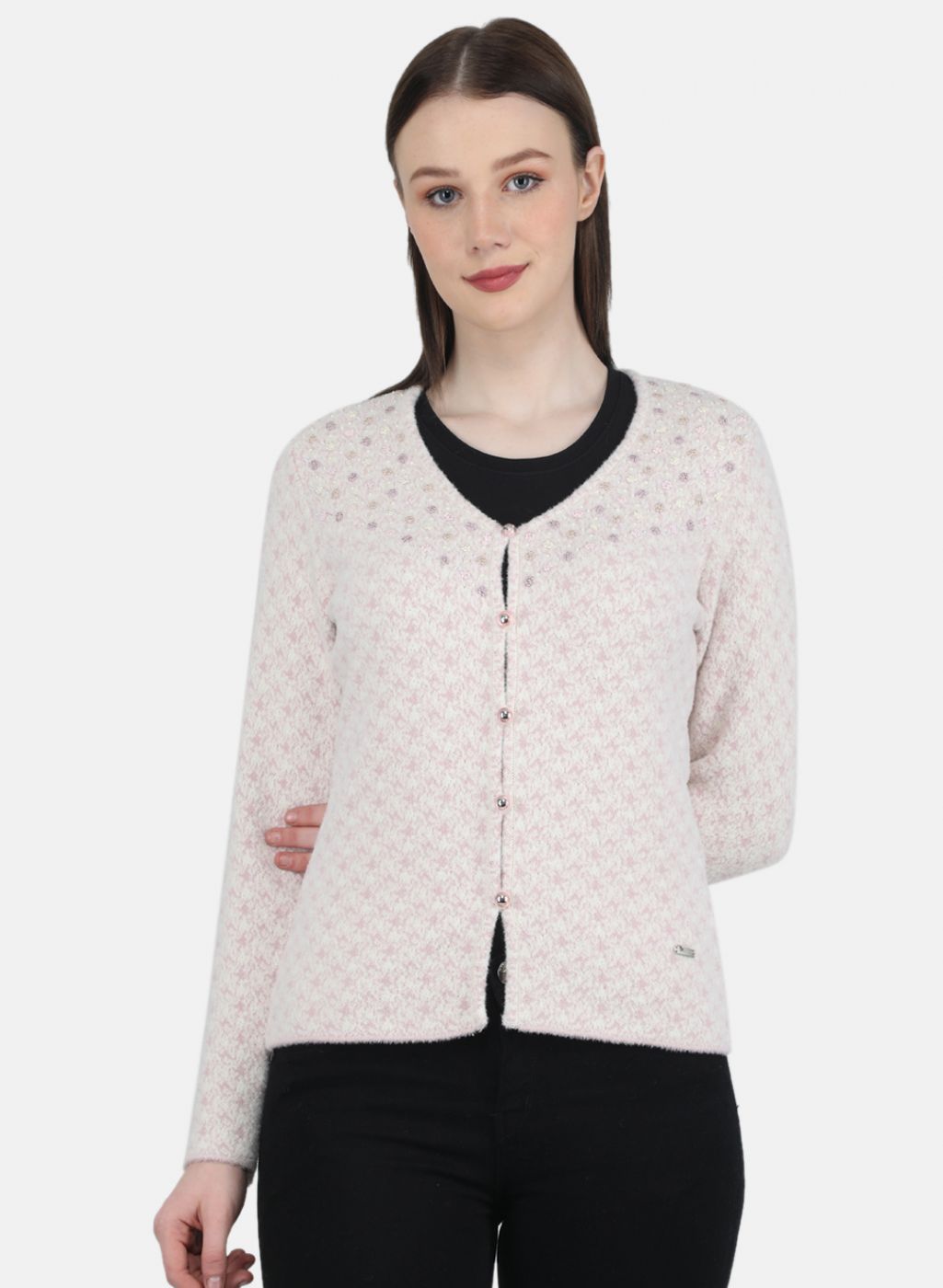 Women Light Pink Jaquard Cardigan