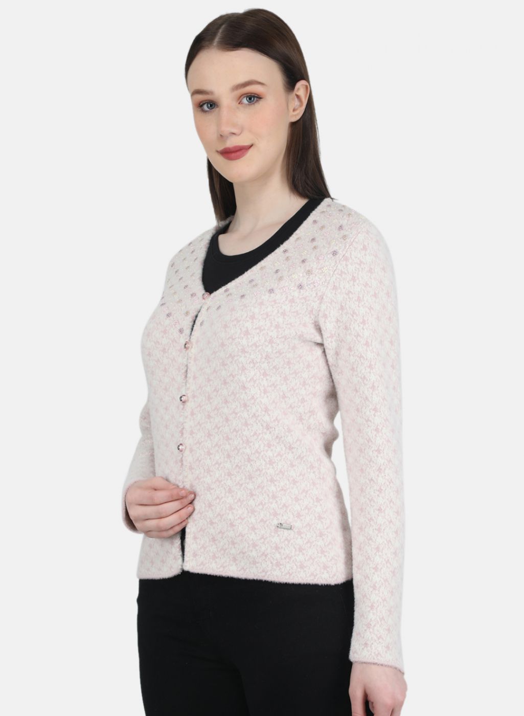 Women Light Pink Jaquard Cardigan