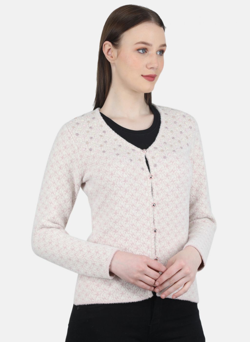 Women Light Pink Jaquard Cardigan