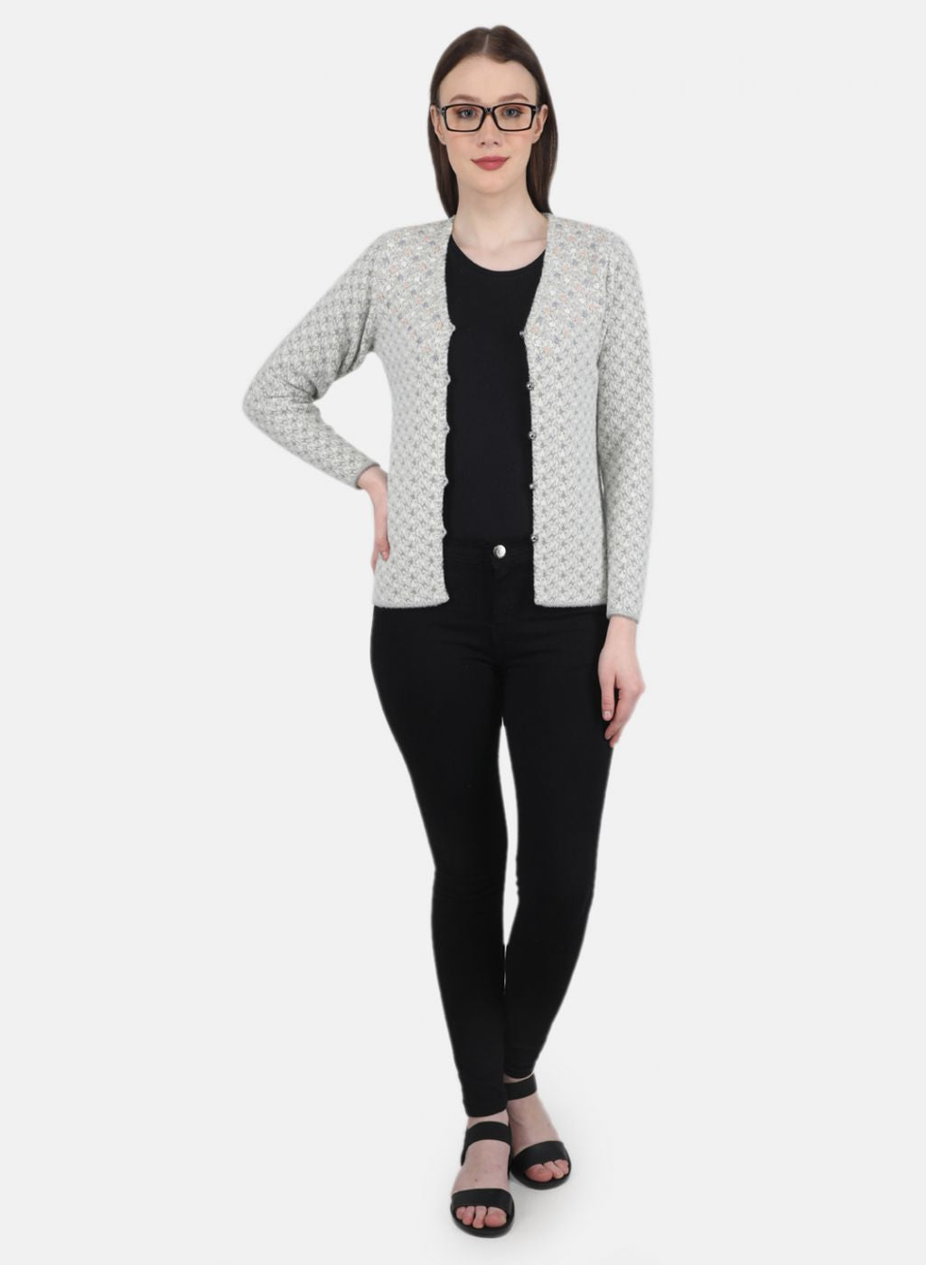 Women Grey Jaquard Cardigan