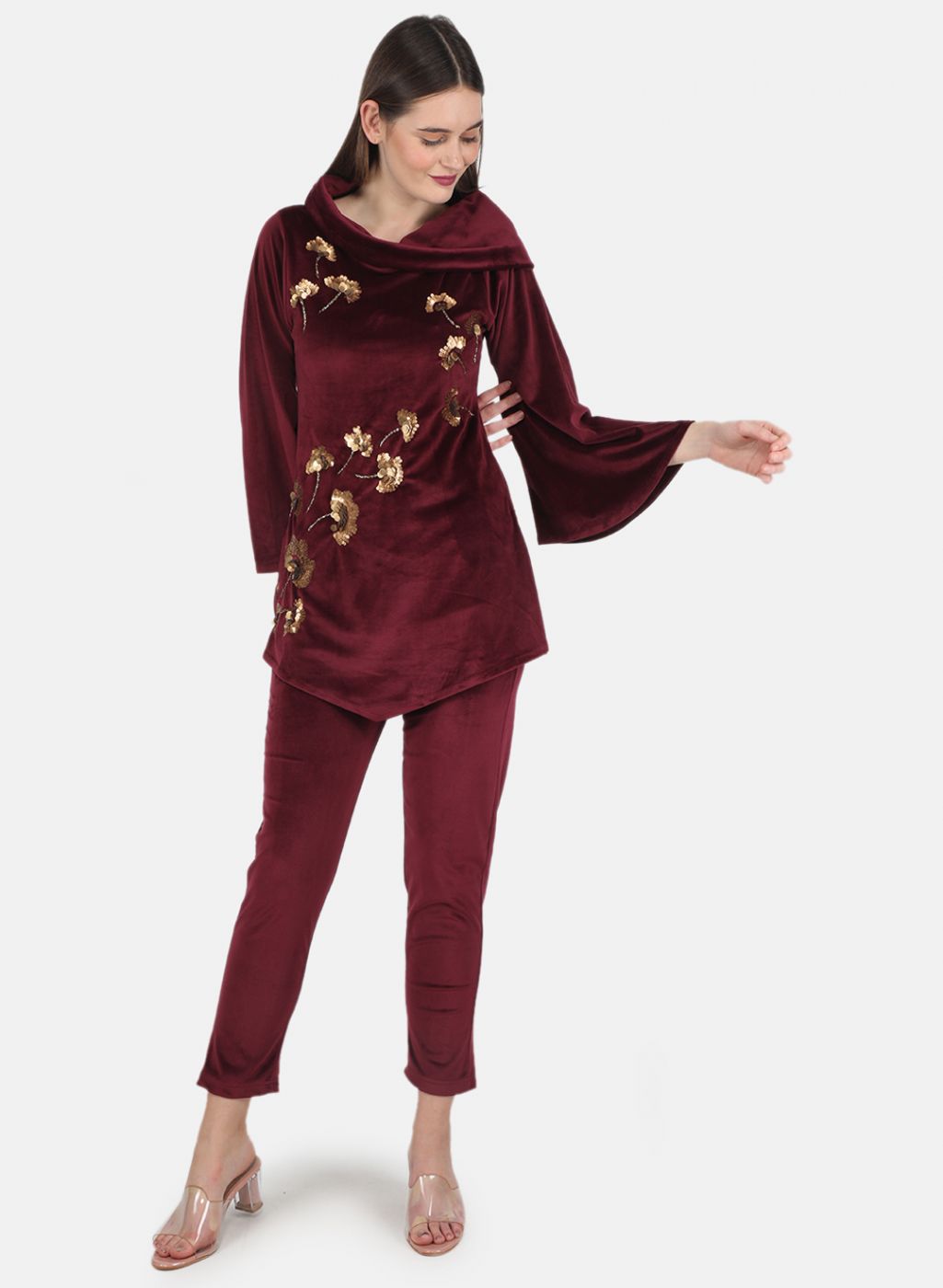 Women Maroon Self design CoordiNAte Set