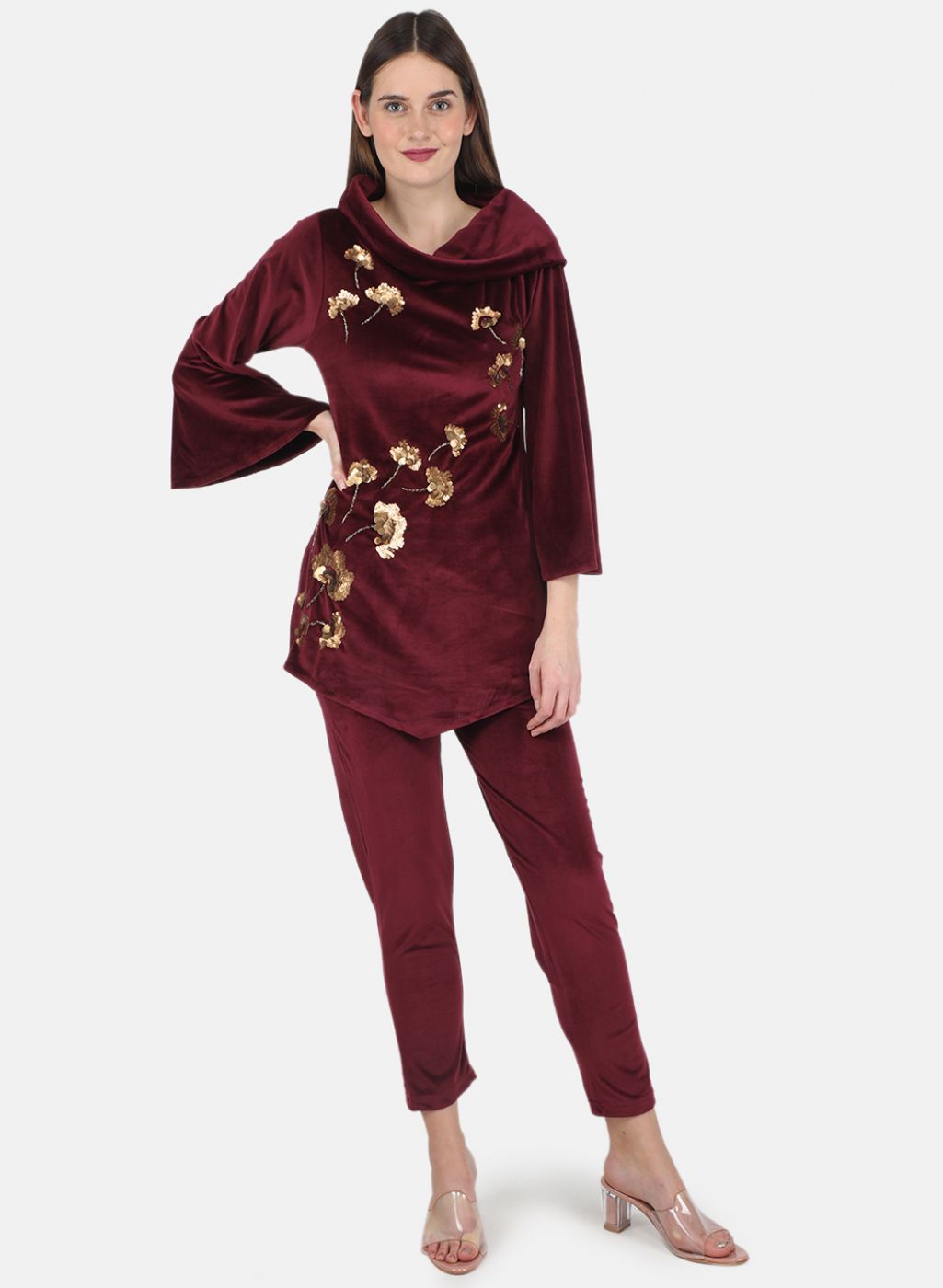 Women Maroon Self design CoordiNAte Set