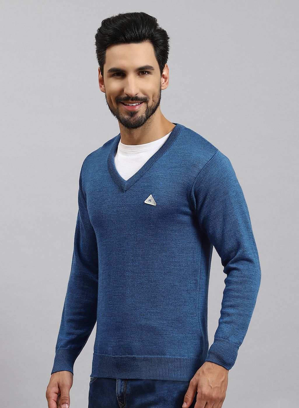 Men Blue Solid Pure wool Pullover