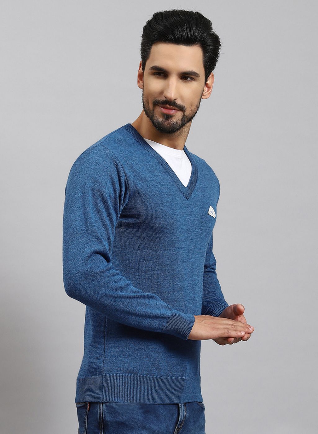 Men Blue Solid Pure wool Pullover