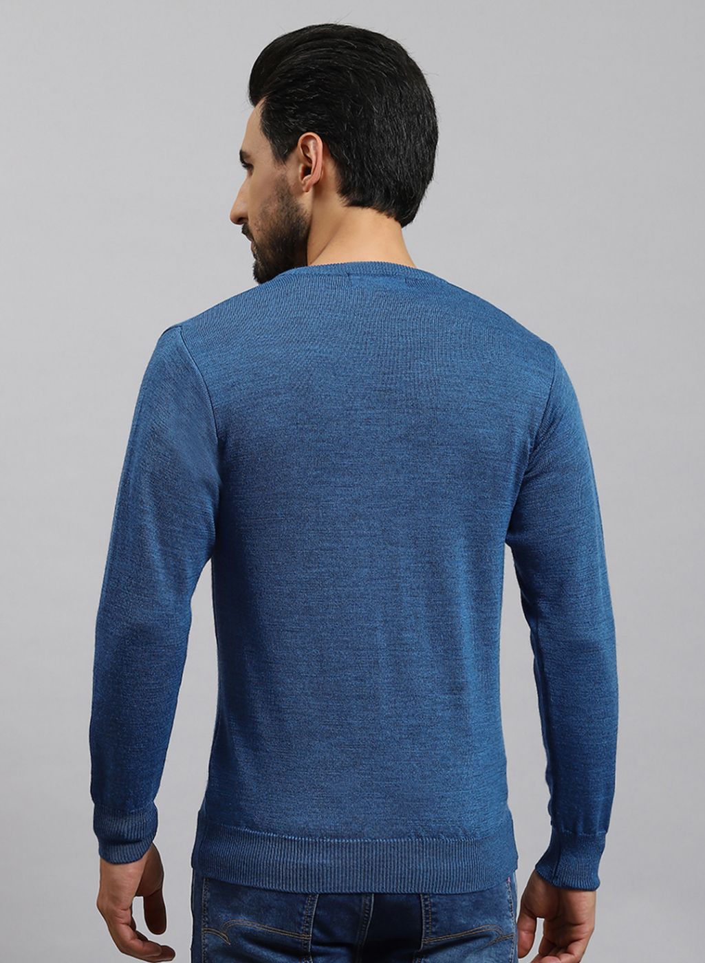 Men Blue Solid Pure wool Pullover