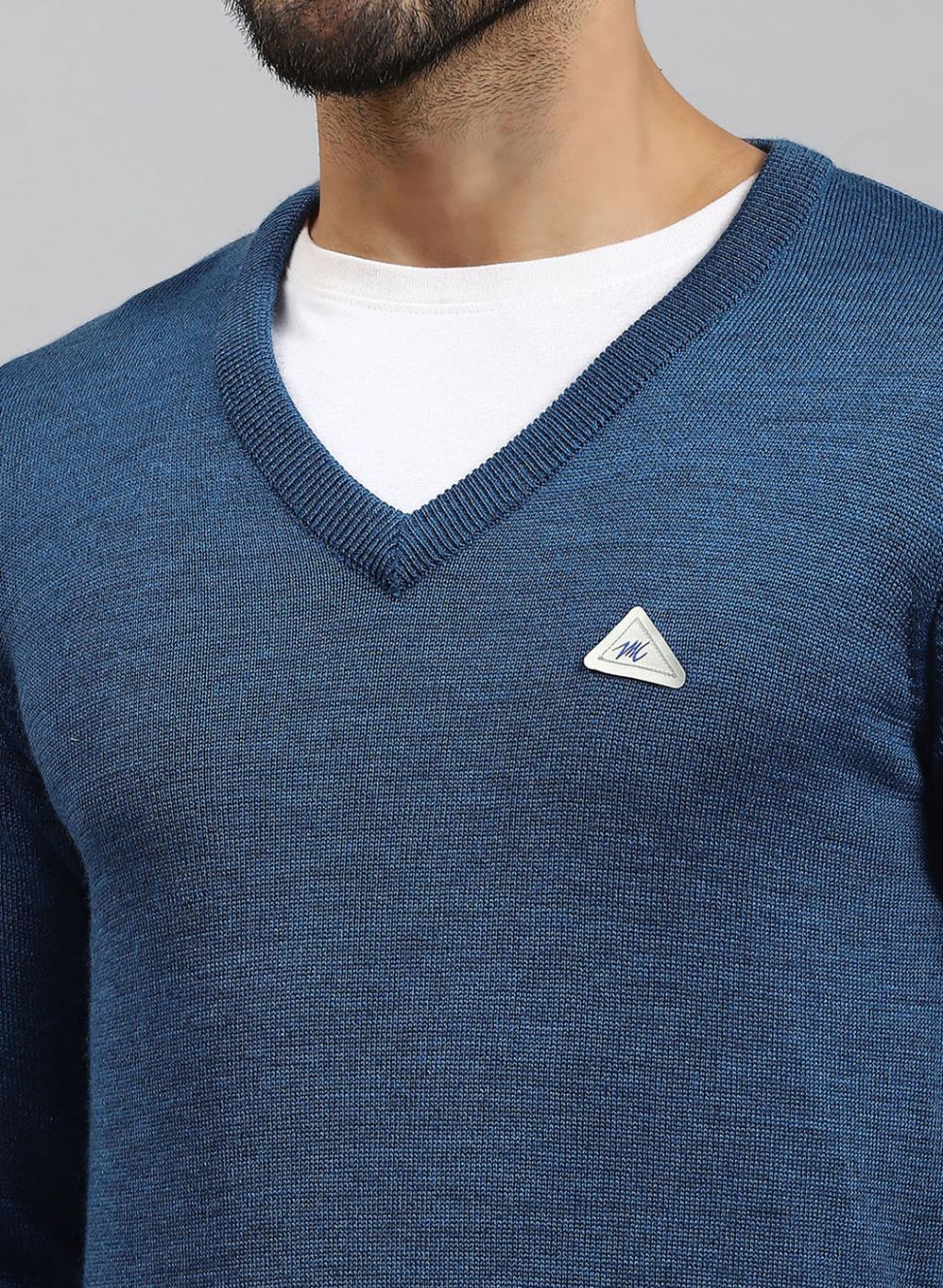 Men Blue Solid Pure wool Pullover