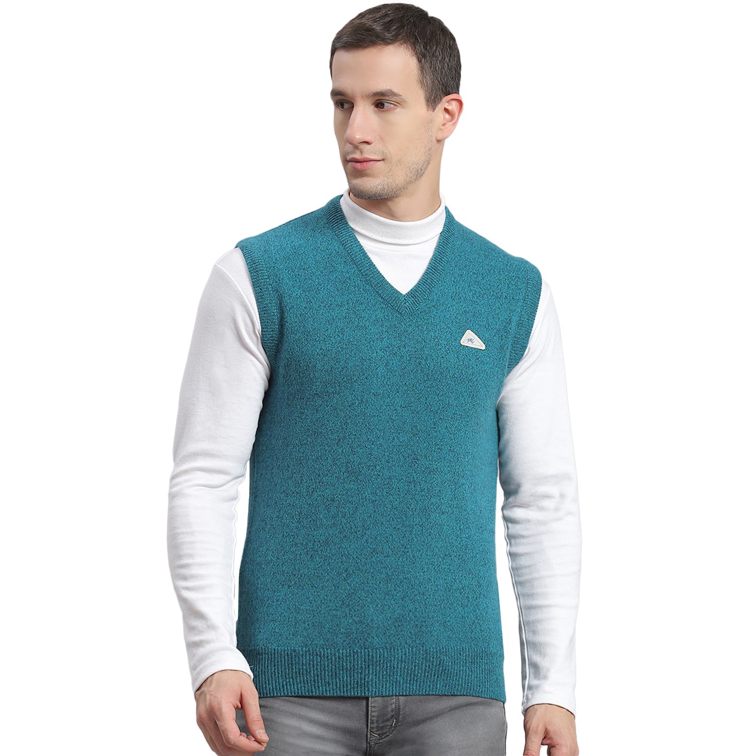 Men Turquoise Blue Solid V Neck Sleeveless Sweater