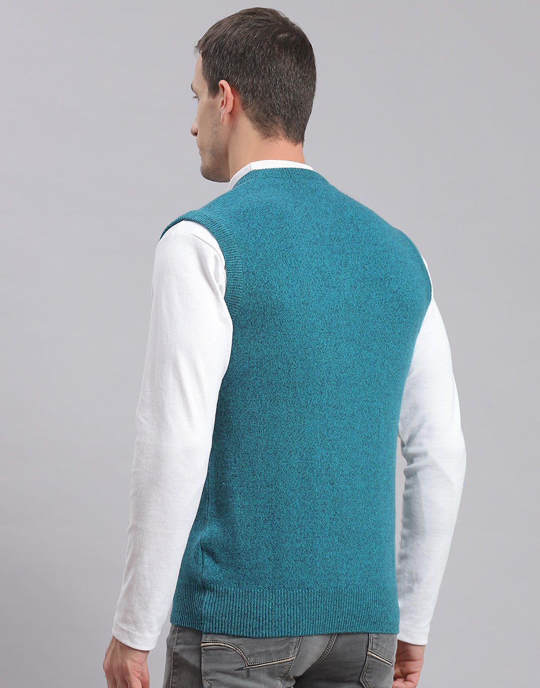 Men Turquoise Blue Solid V Neck Sleeveless Sweater