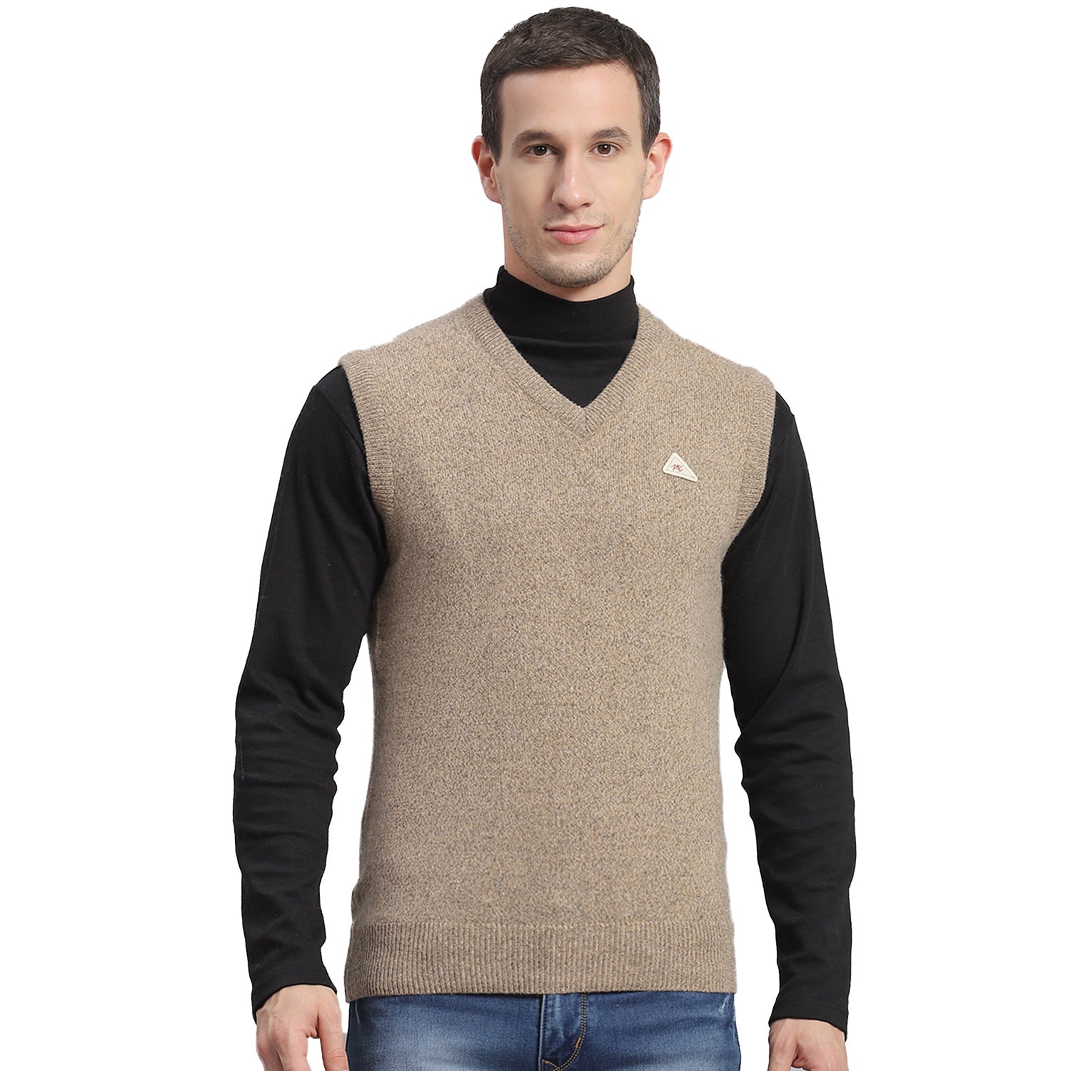 Men Brown Solid V Neck Sleeveless Sweater