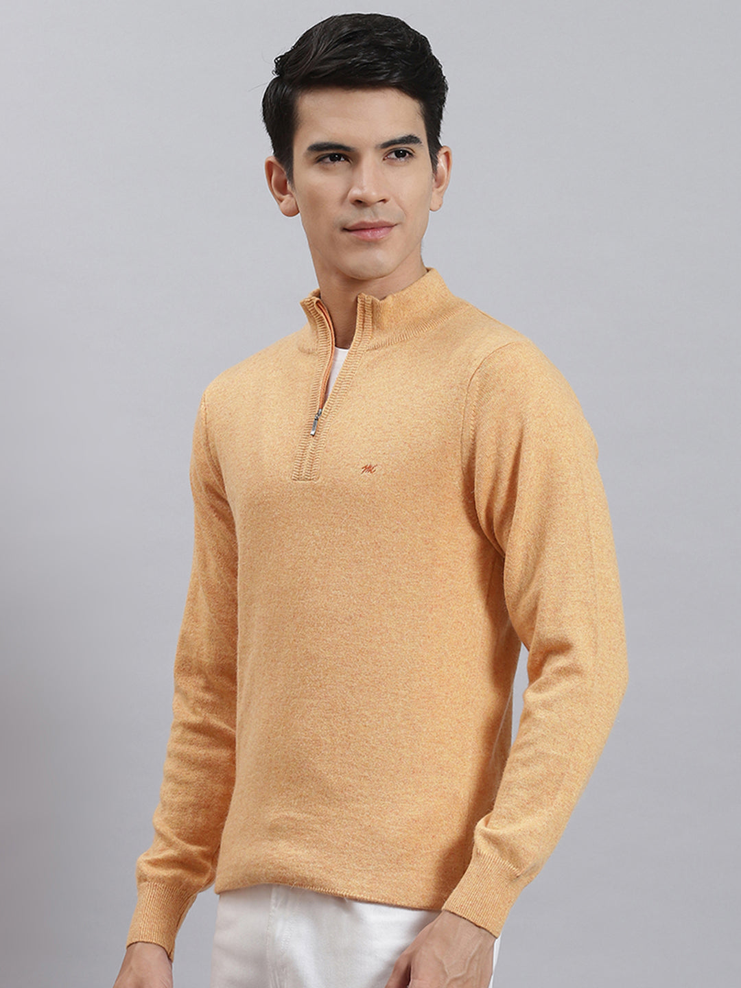 Men Orange Solid Stand Collar Full Sleeve Sweaters/Pullovers