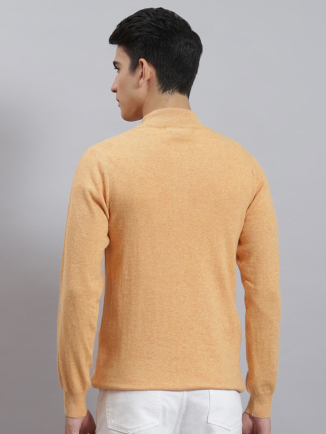 Men Orange Solid Stand Collar Full Sleeve Sweaters/Pullovers