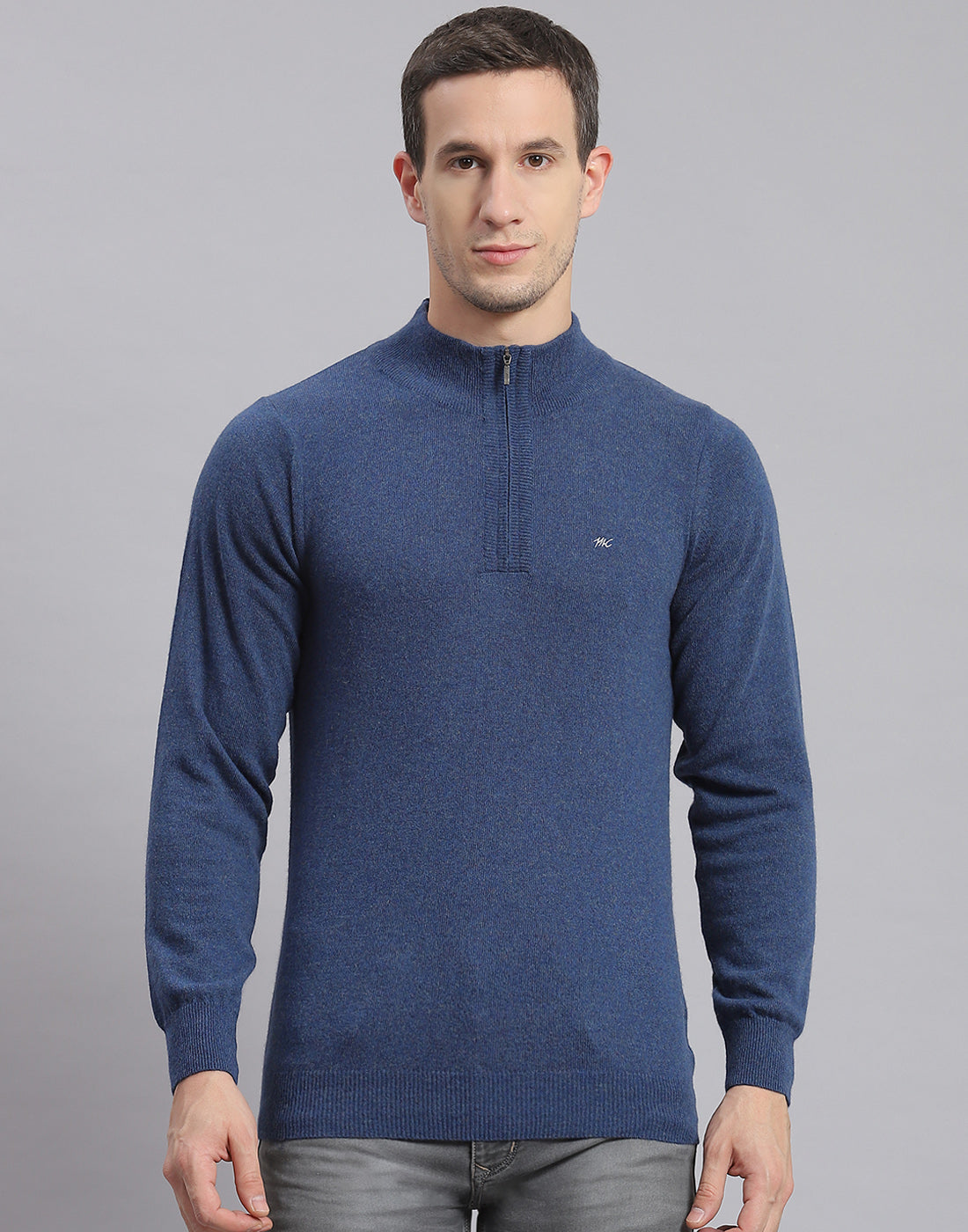 Men Blue Solid H Neck Full Sleeve Sweater