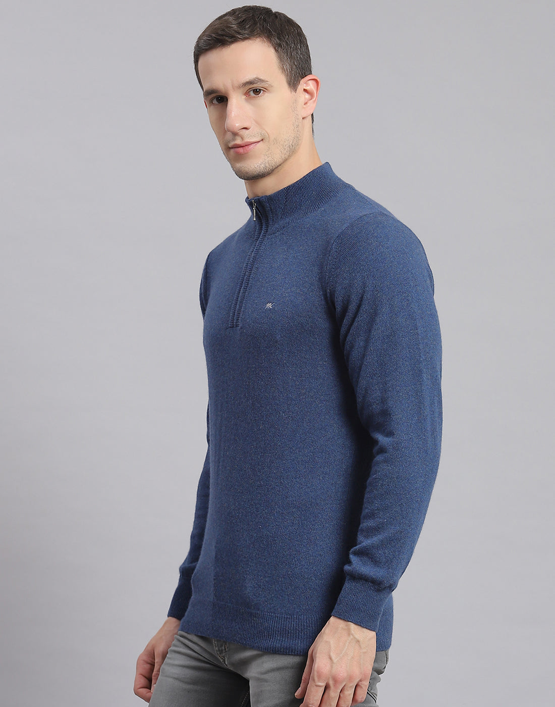 Men Blue Solid H Neck Full Sleeve Sweater