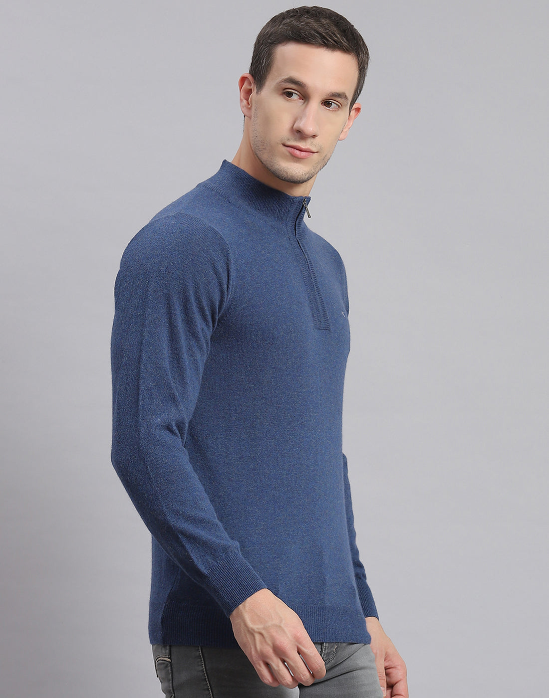 Men Blue Solid H Neck Full Sleeve Sweater