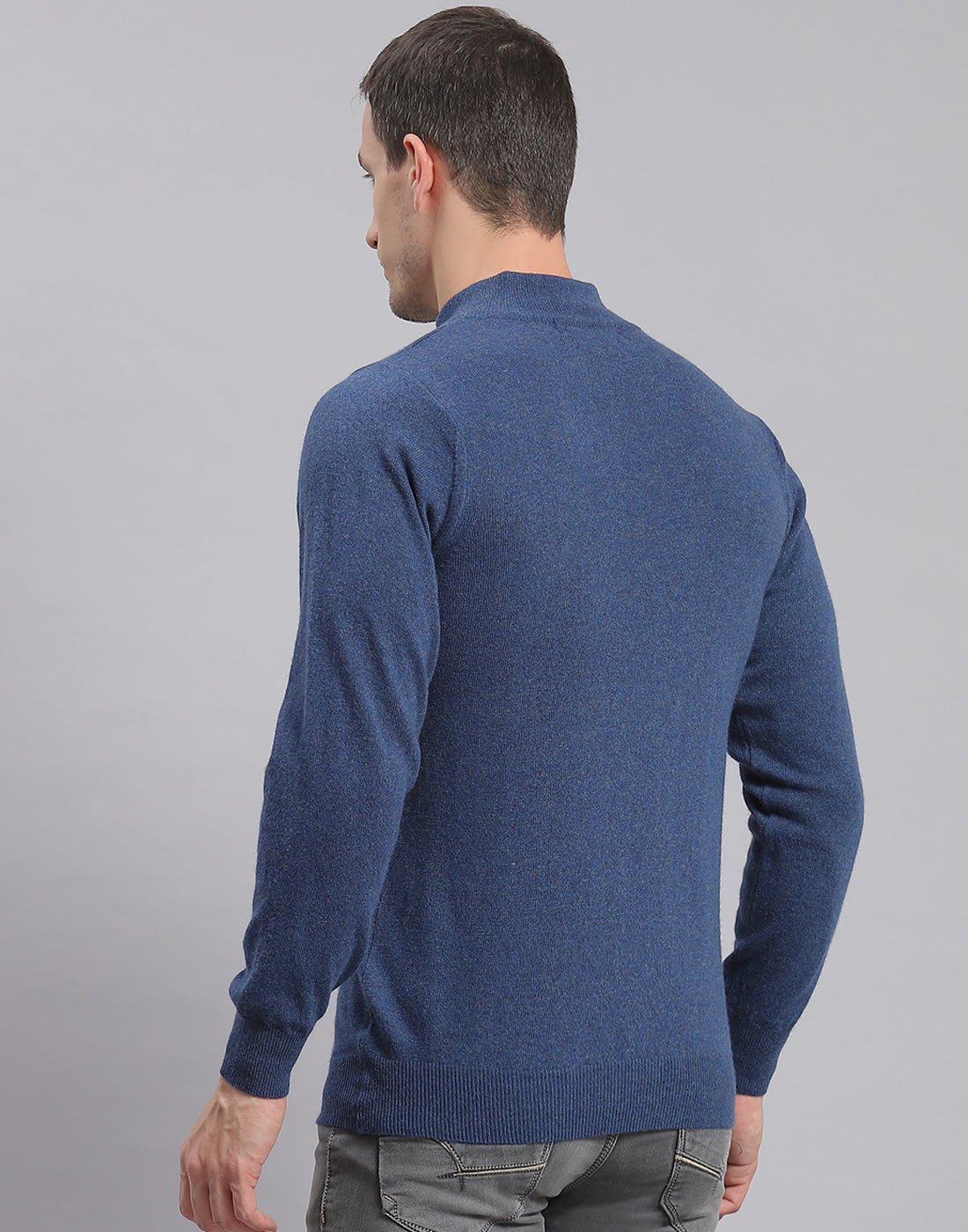 Men Blue Solid H Neck Full Sleeve Sweater