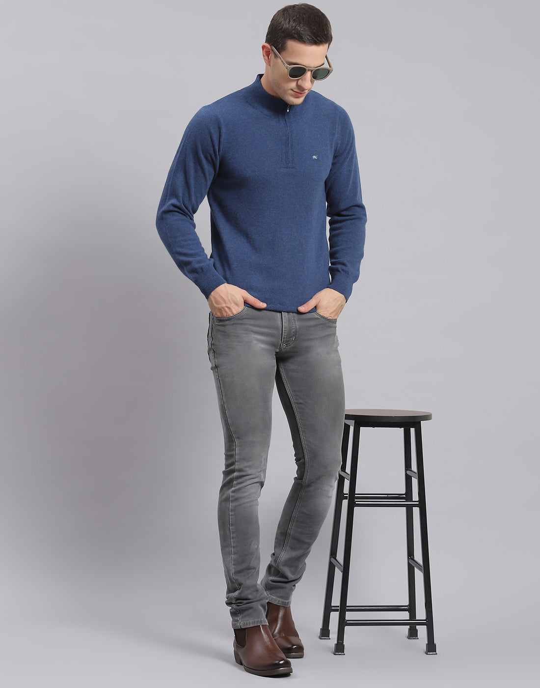 Men Blue Solid H Neck Full Sleeve Sweater