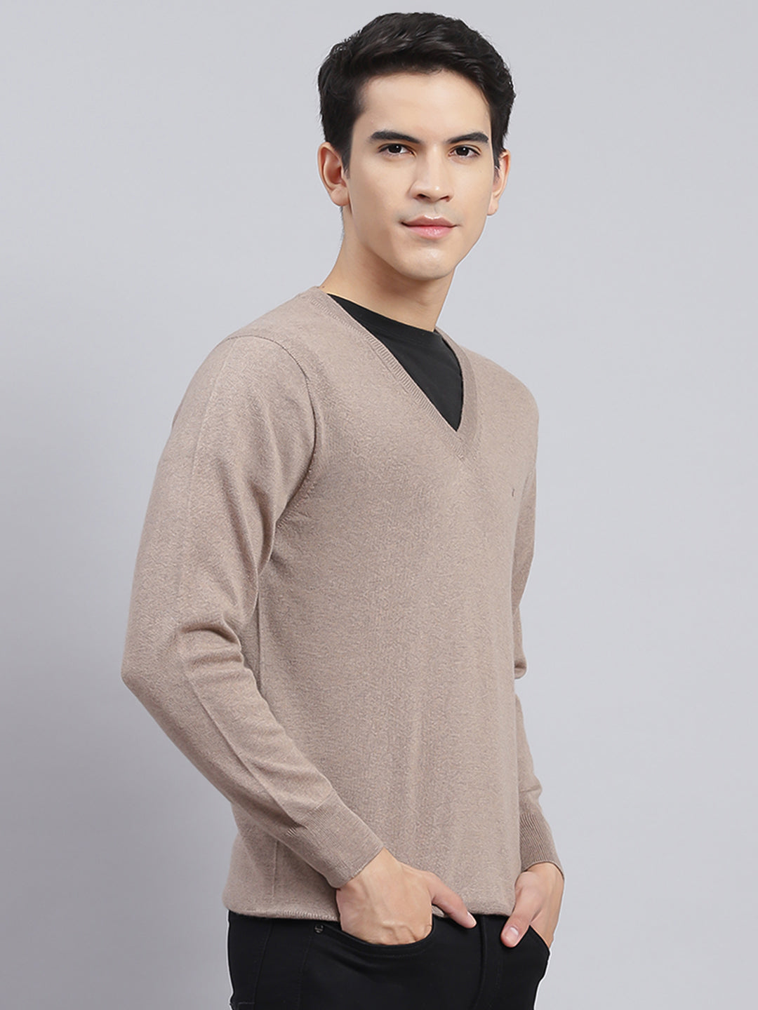 Men Brown Solid Pure wool Pullover