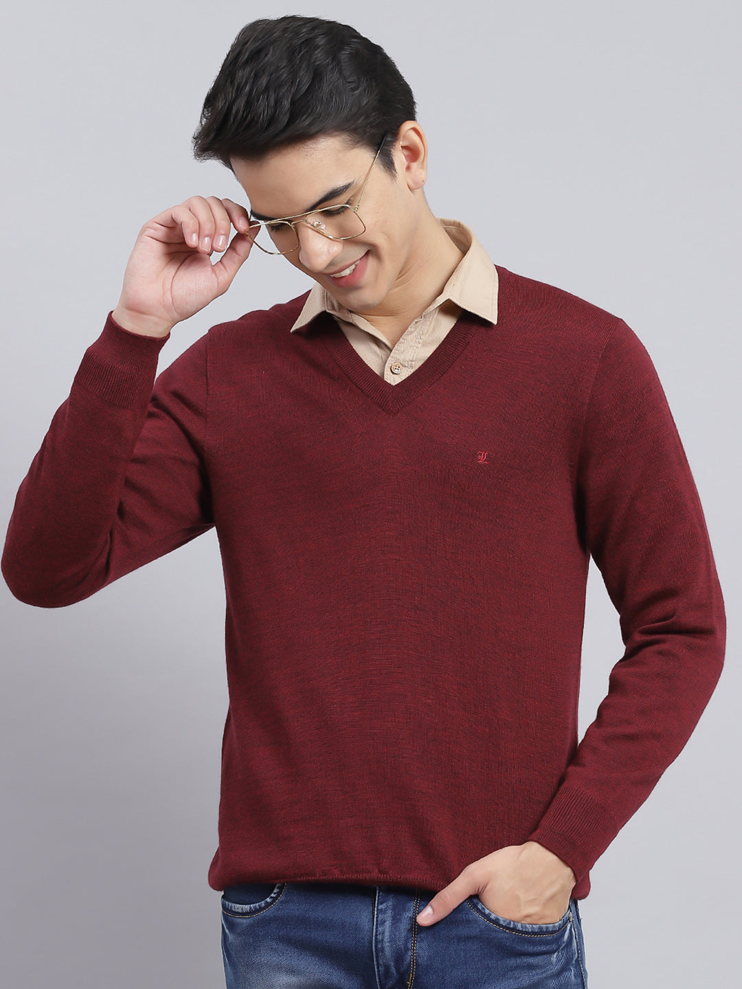 Men Maroon Solid Pure wool Pullover