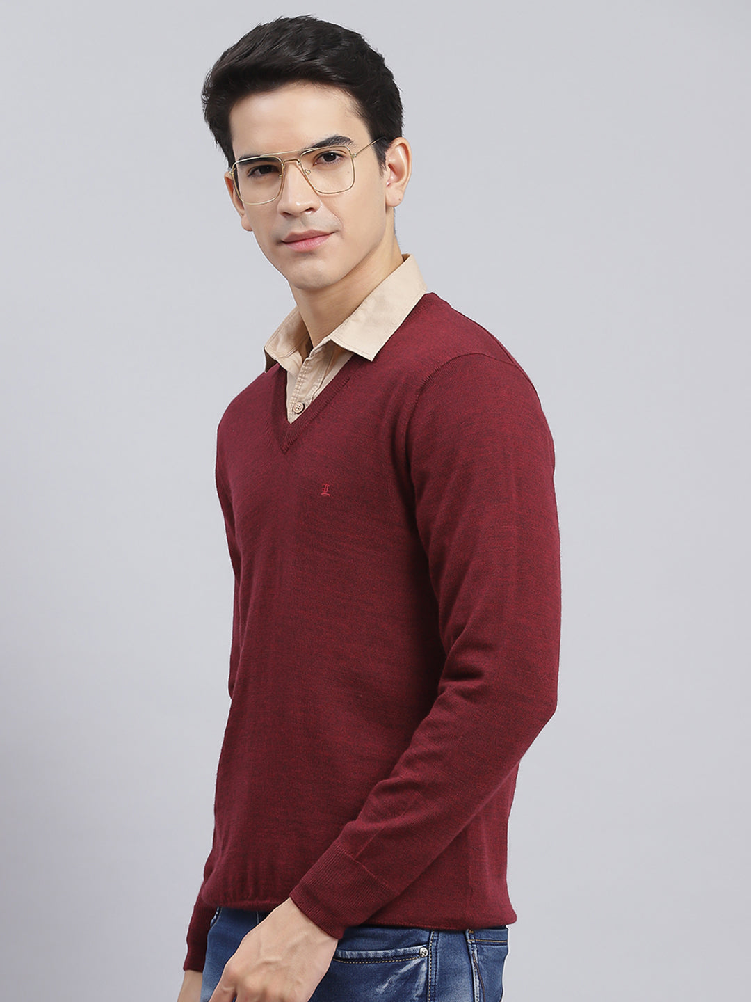 Men Maroon Solid Pure wool Pullover