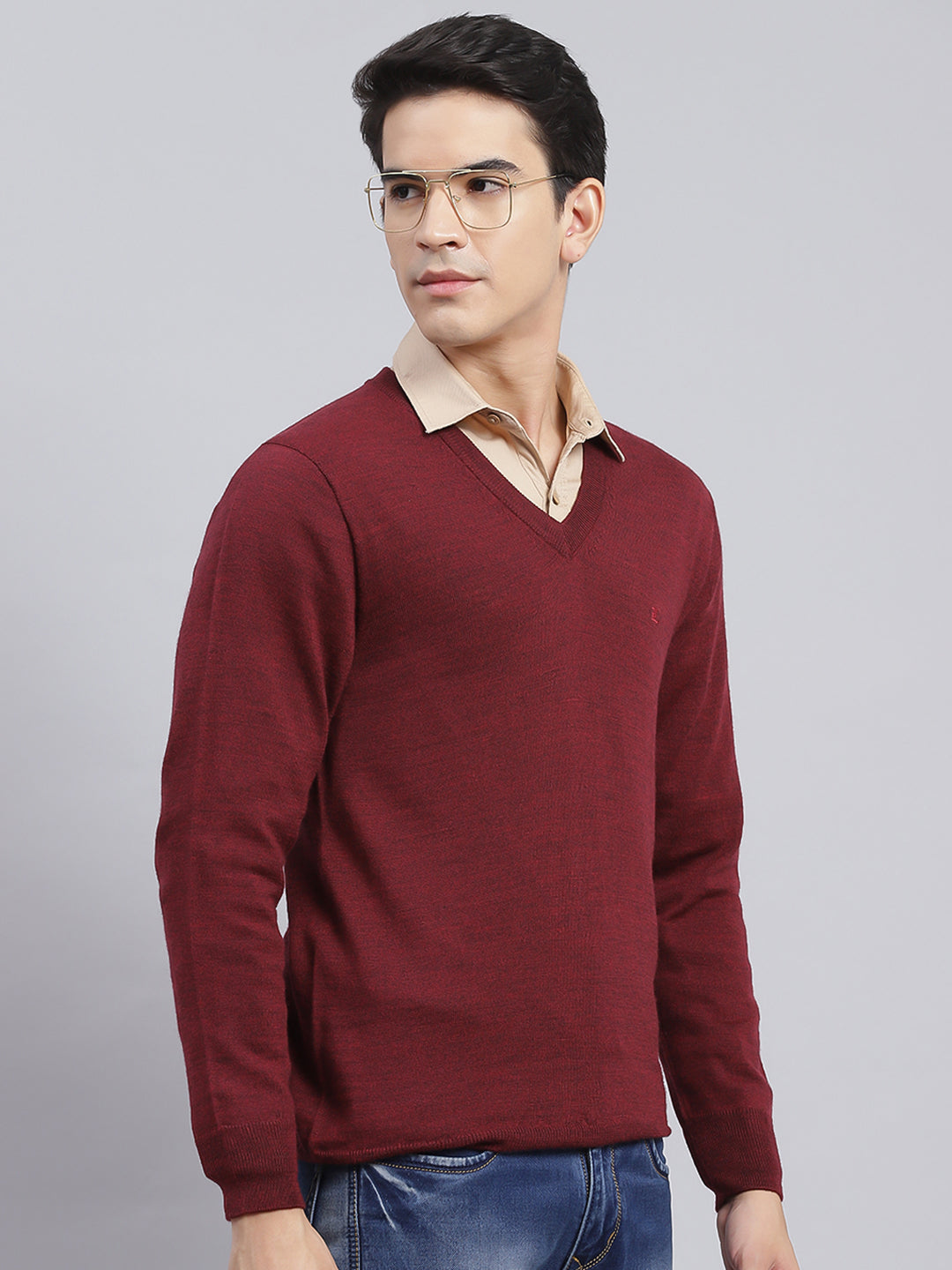 Men Maroon Solid Pure wool Pullover