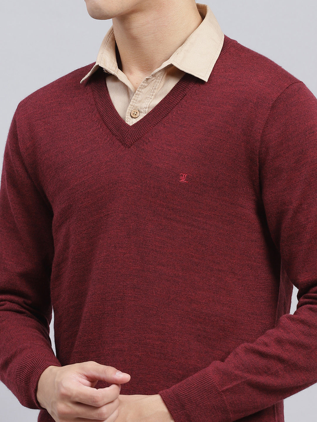 Men Maroon Solid Pure wool Pullover