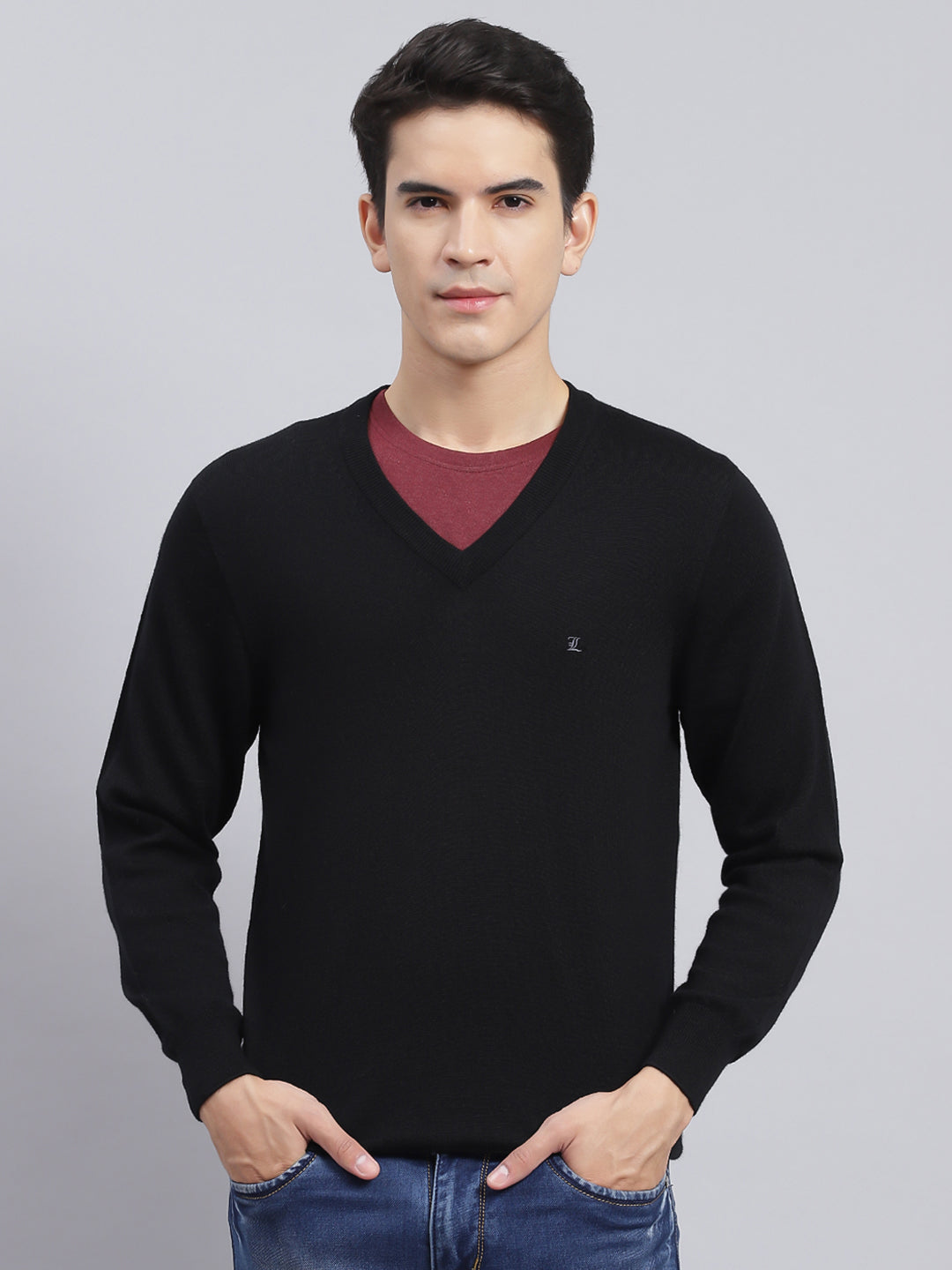 Men Black Solid Pure wool Pullover