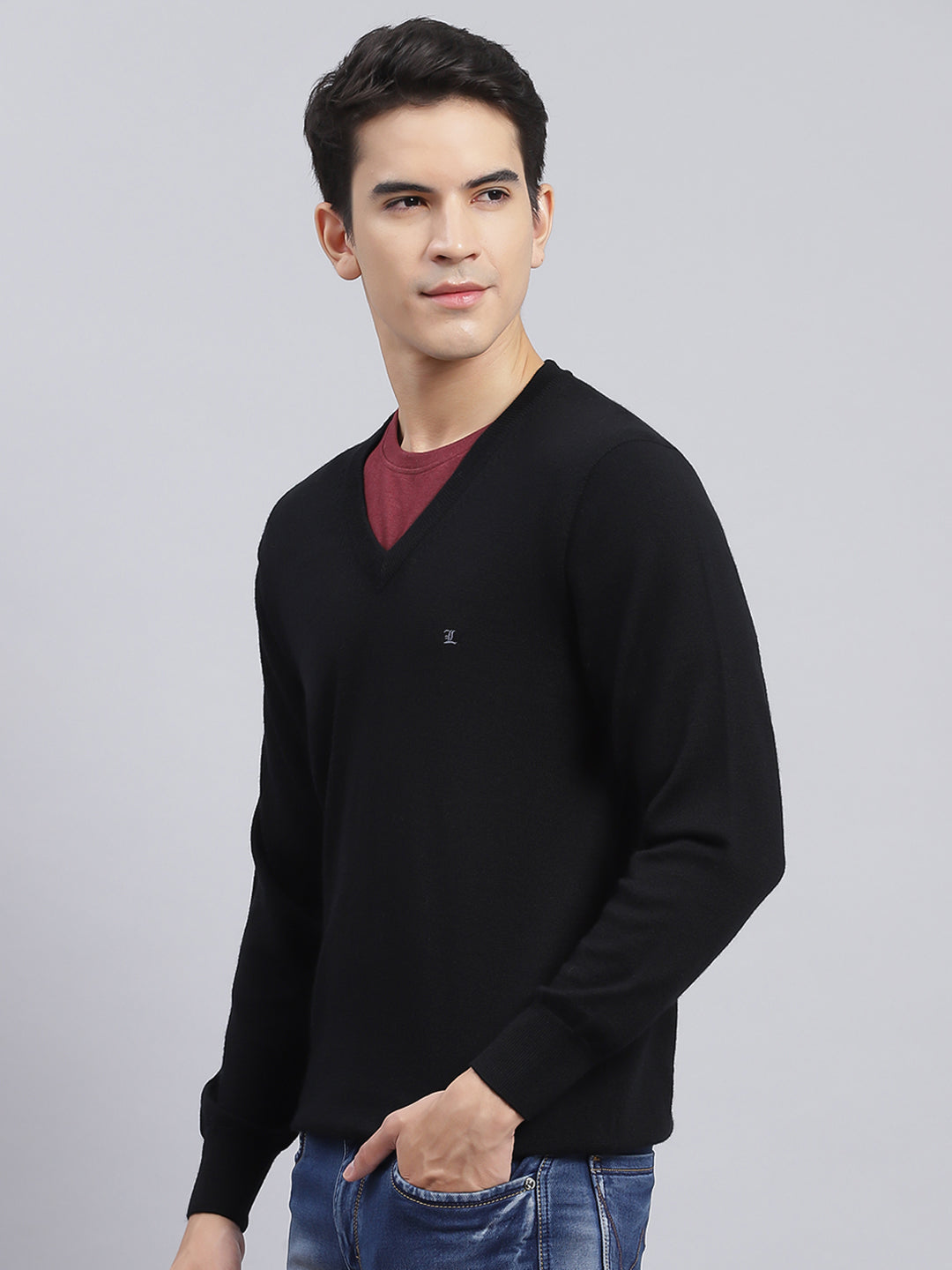 Men Black Solid Pure wool Pullover