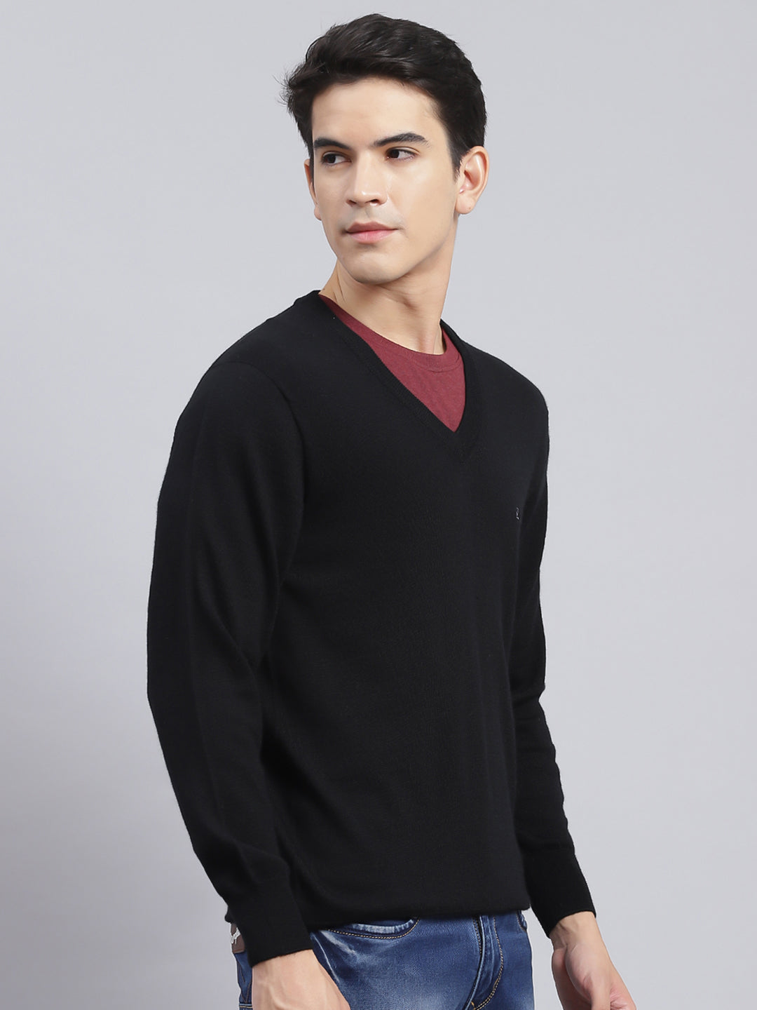 Men Black Solid Pure wool Pullover