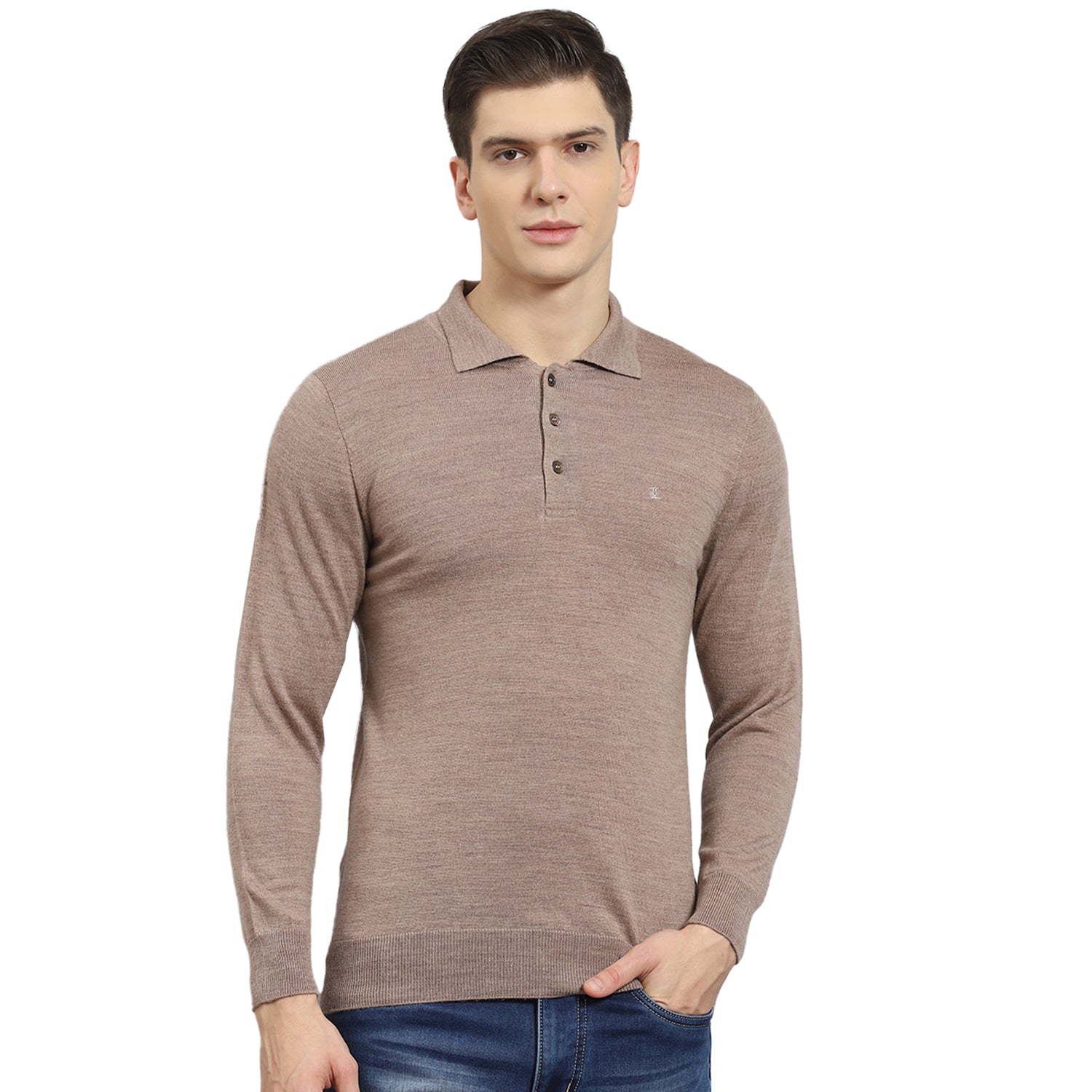 Men Brown Solid Polo Collar Full Sleeve T-Shirt