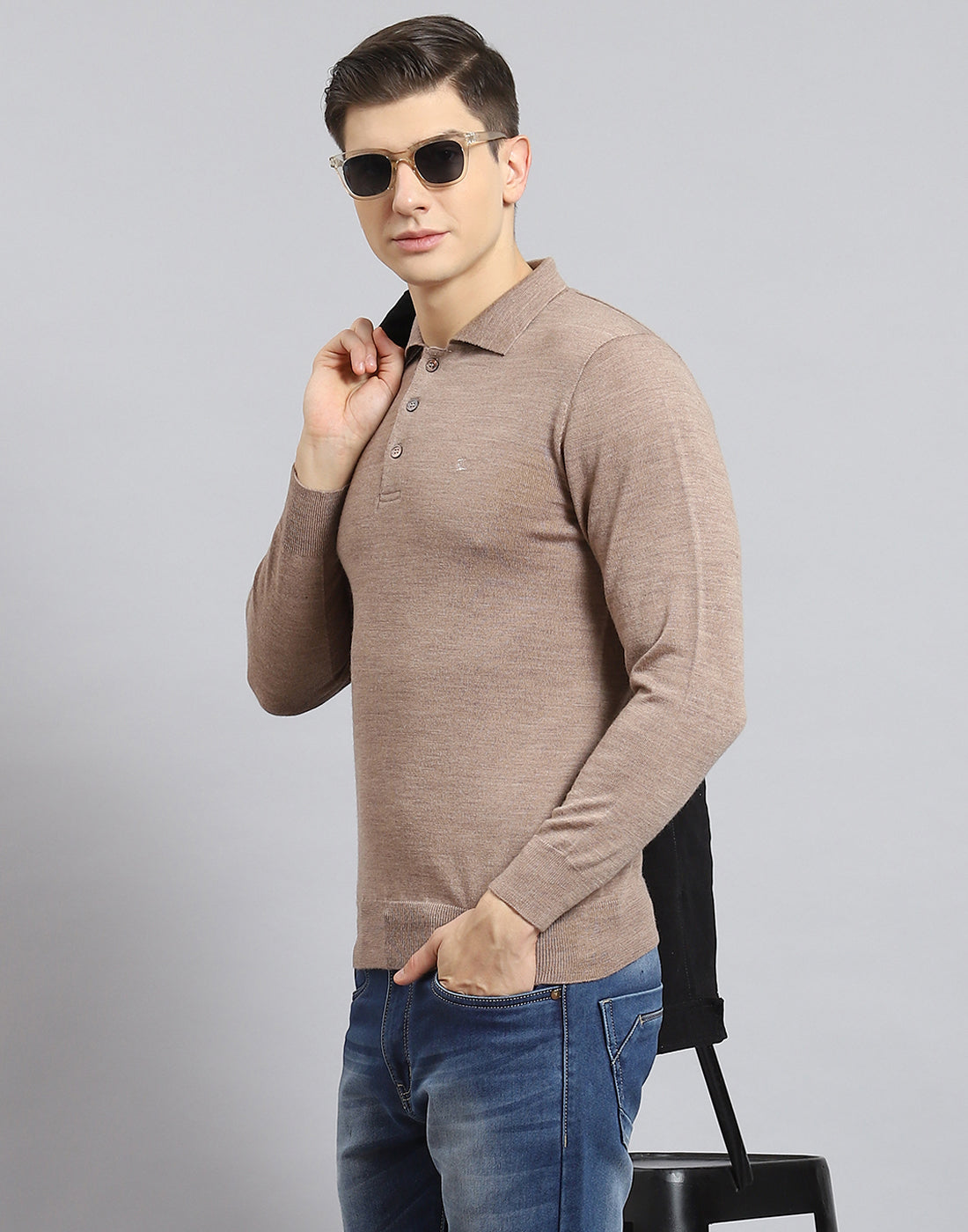 Men Brown Solid Polo Collar Full Sleeve T-Shirt