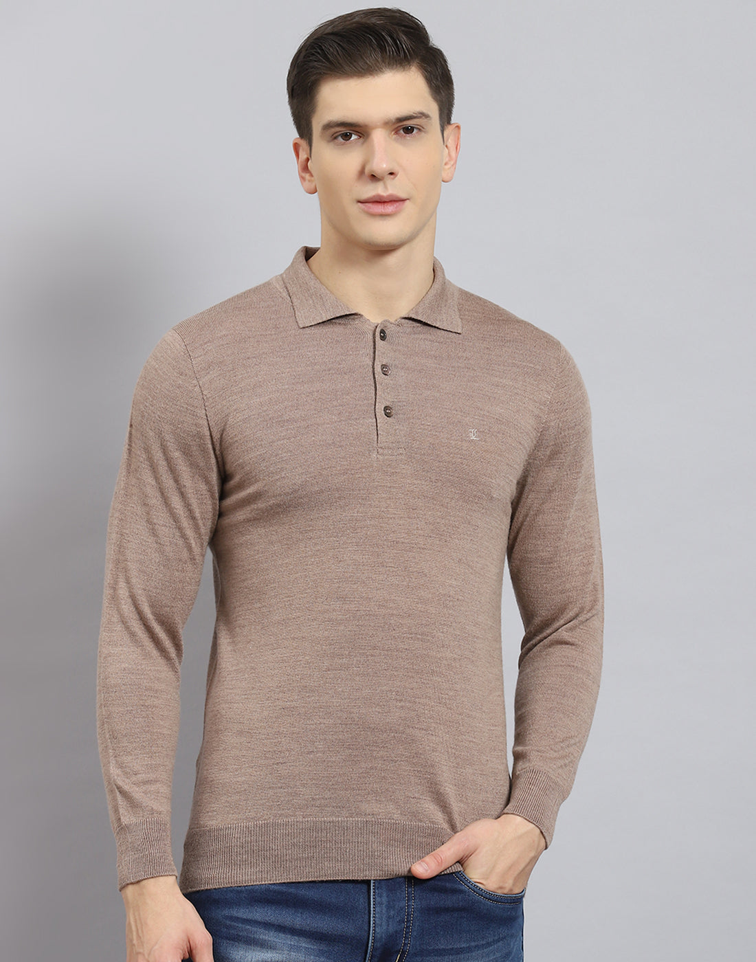 Men Brown Solid Polo Collar Full Sleeve T-Shirt