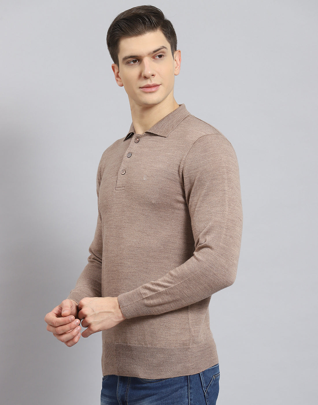 Men Brown Solid Polo Collar Full Sleeve T-Shirt