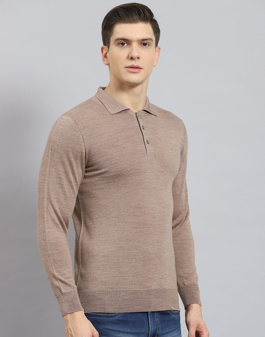 Men Brown Solid Polo Collar Full Sleeve T-Shirt