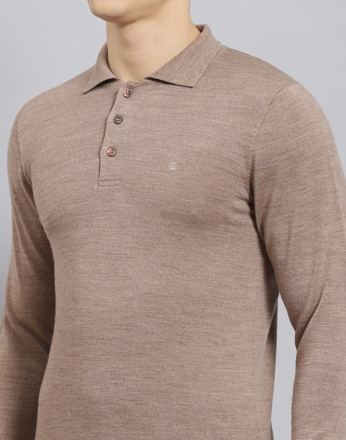 Men Brown Solid Polo Collar Full Sleeve T-Shirt