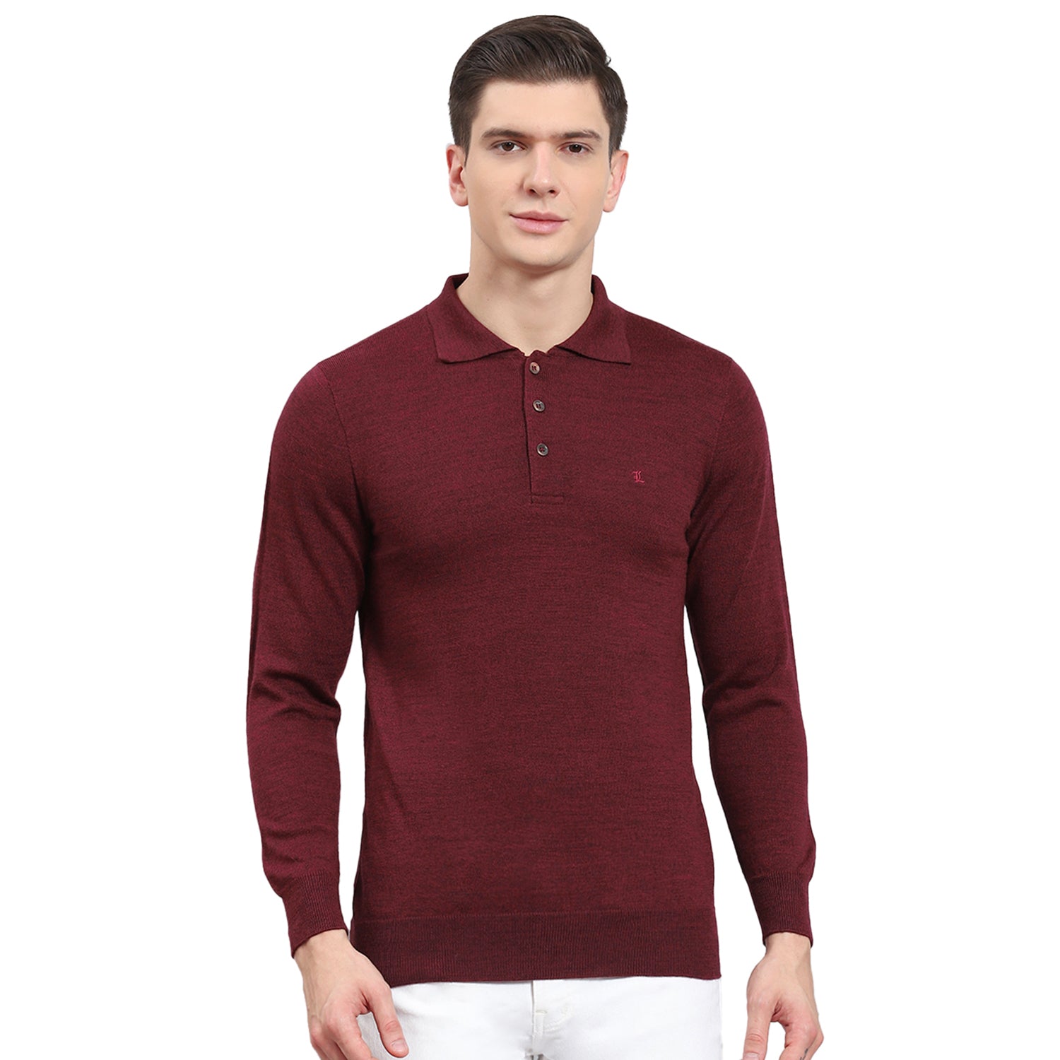 Men Maroon Solid Polo Collar Full Sleeve T-Shirt