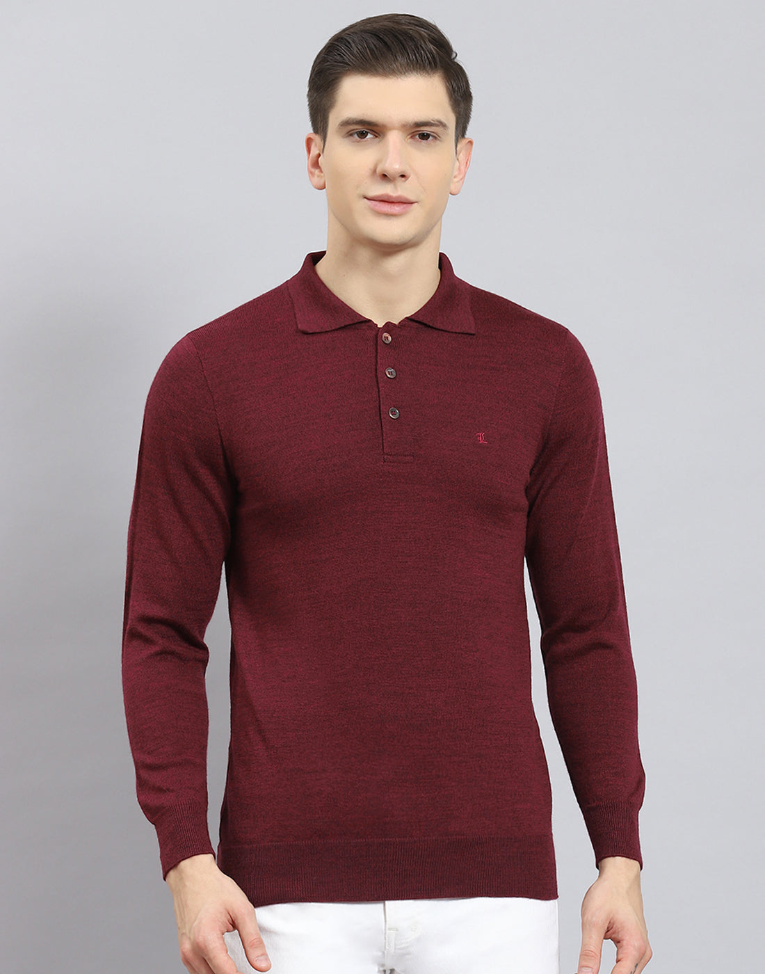 Men Maroon Solid Polo Collar Full Sleeve T-Shirt