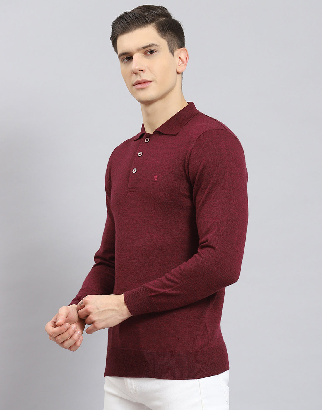 Men Maroon Solid Polo Collar Full Sleeve T-Shirt